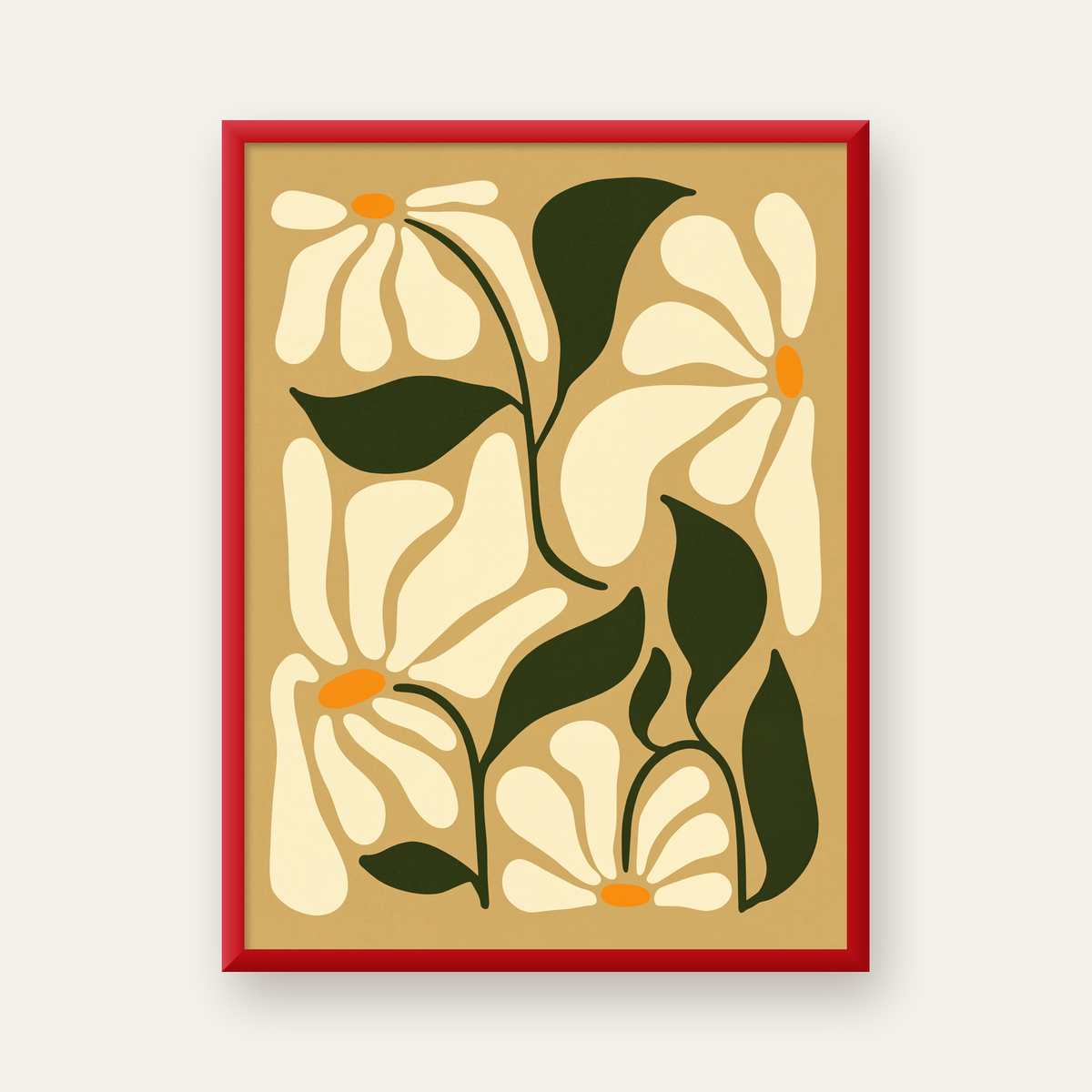 Soyut Papatya Çiçekleri Modern Poster – Minimal Çiçek Duvar Sanatı — kırmızı çerçeveli