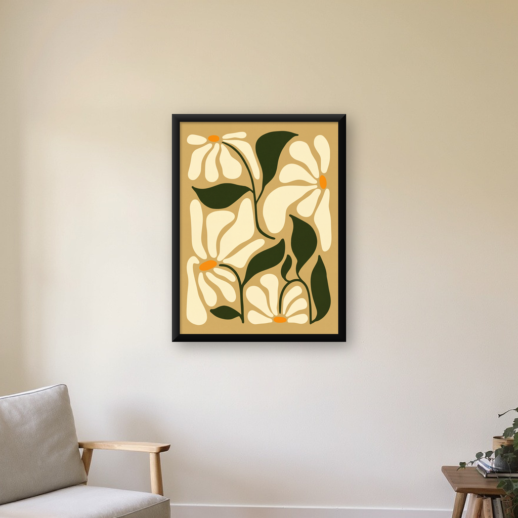 Soyut Papatya Çiçekleri Modern Poster – Minimal Çiçek Duvar Sanatı — Dikey baskı, çerçeveli hâliyle bir ev duvarında