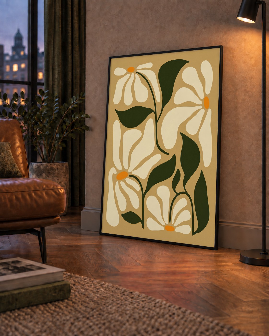 Soyut Papatya Çiçekleri Modern Poster – Minimal Çiçek Duvar Sanatı — çerçeveli hâliyle bir ev duvarında