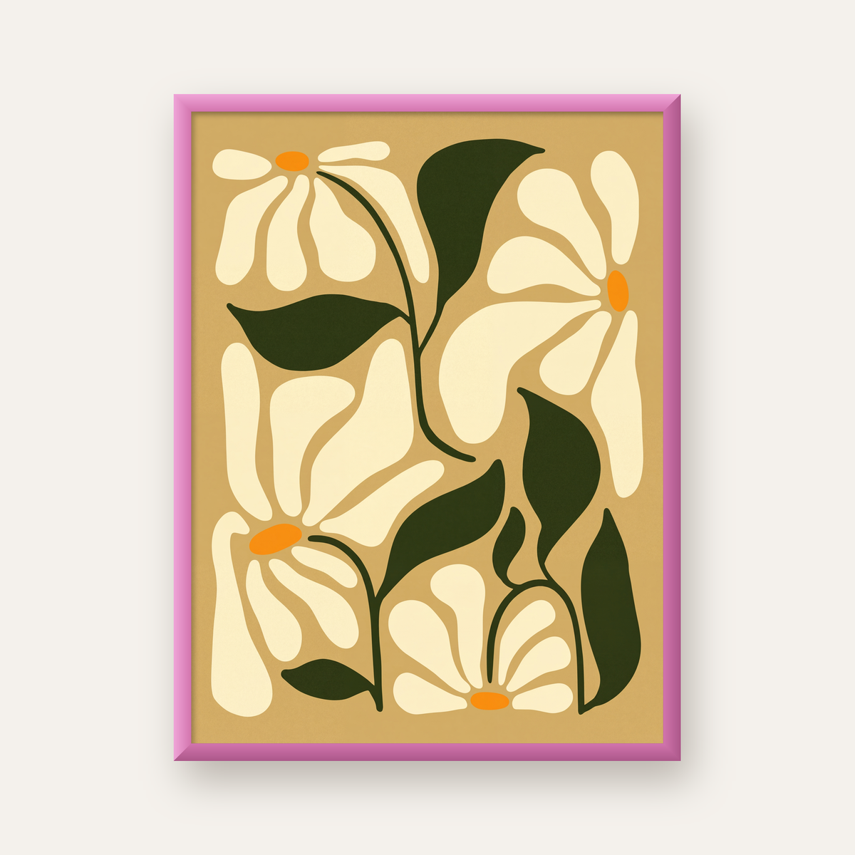 Soyut Papatya Çiçekleri Modern Poster – Minimal Çiçek Duvar Sanatı — pembe çerçeveli