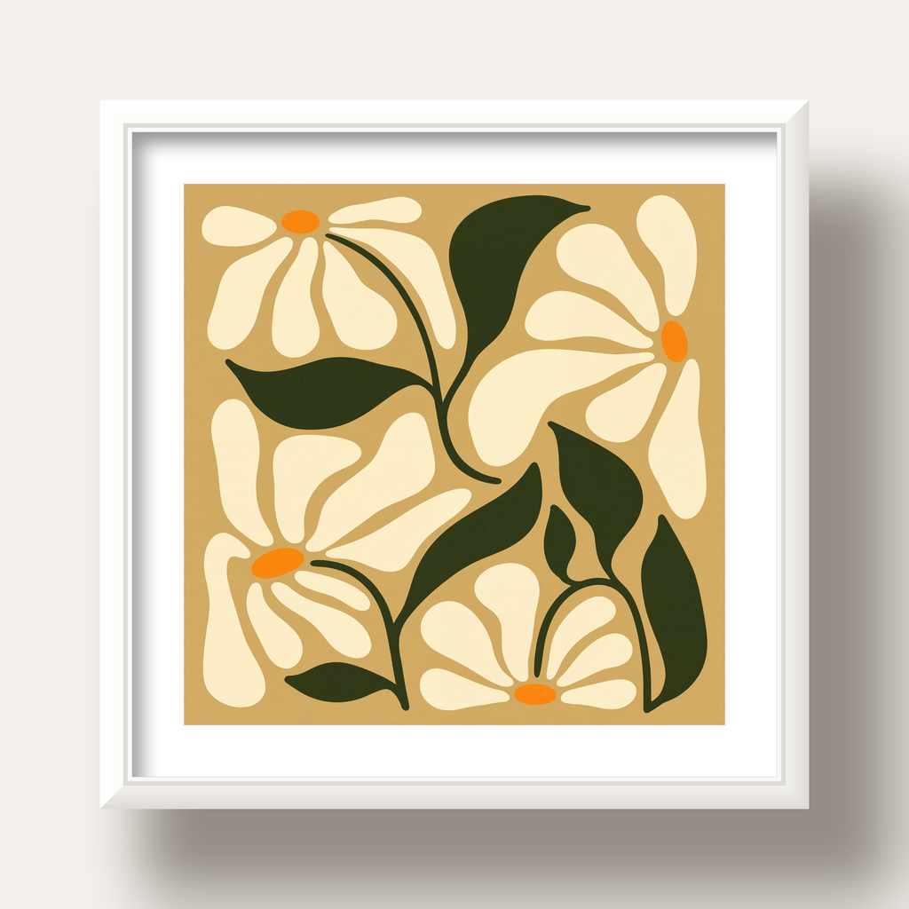 Soyut Papatya Çiçekleri Modern Poster – Minimal Çiçek Duvar Sanatı — beyaz derin çerçeveli paspartulu