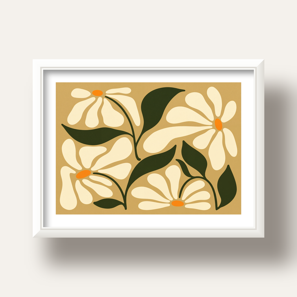 Soyut Papatya Çiçekleri Modern Poster – Minimal Çiçek Duvar Sanatı — beyaz derin çerçeveli paspartulu