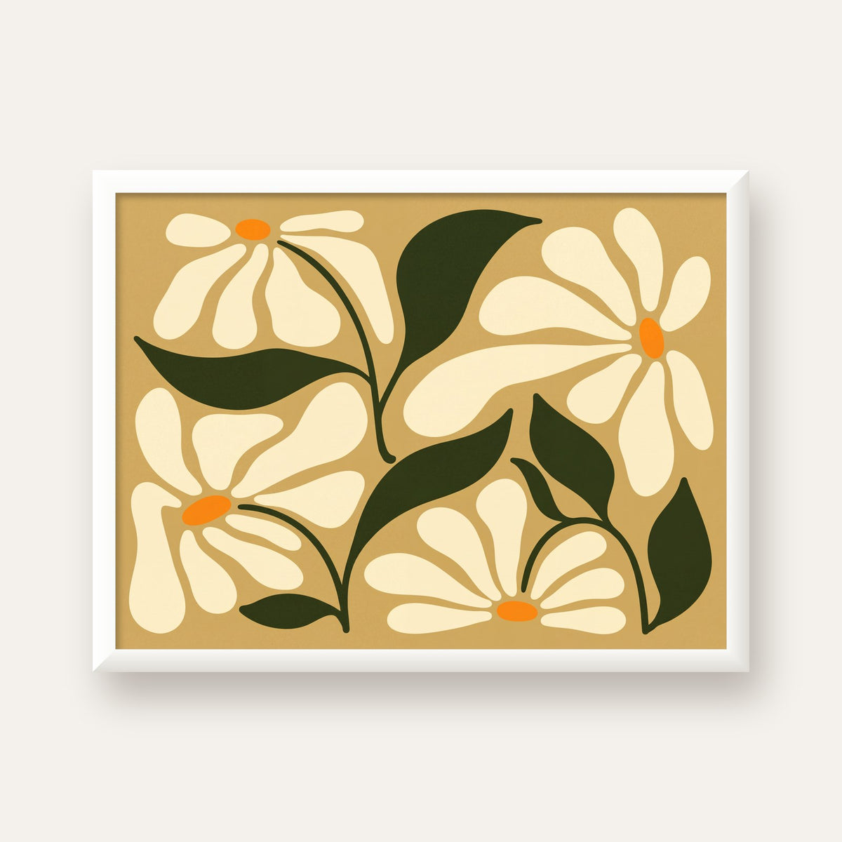 Soyut Papatya Çiçekleri Modern Poster – Minimal Çiçek Duvar Sanatı — beyaz çerçeveli yatay poster
