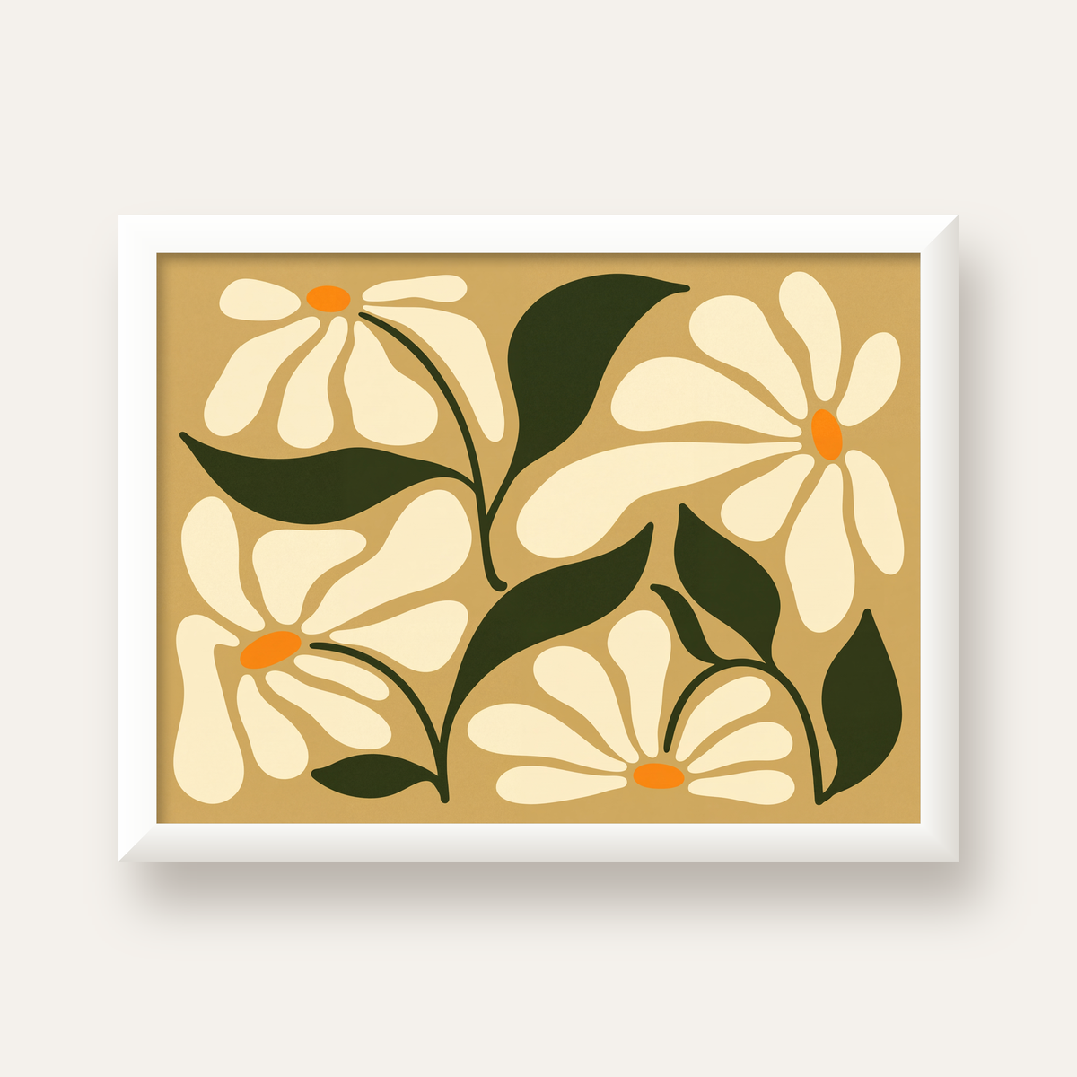 Soyut Papatya Çiçekleri Modern Poster – Minimal Çiçek Duvar Sanatı — beyaz çerçeveli yatay poster