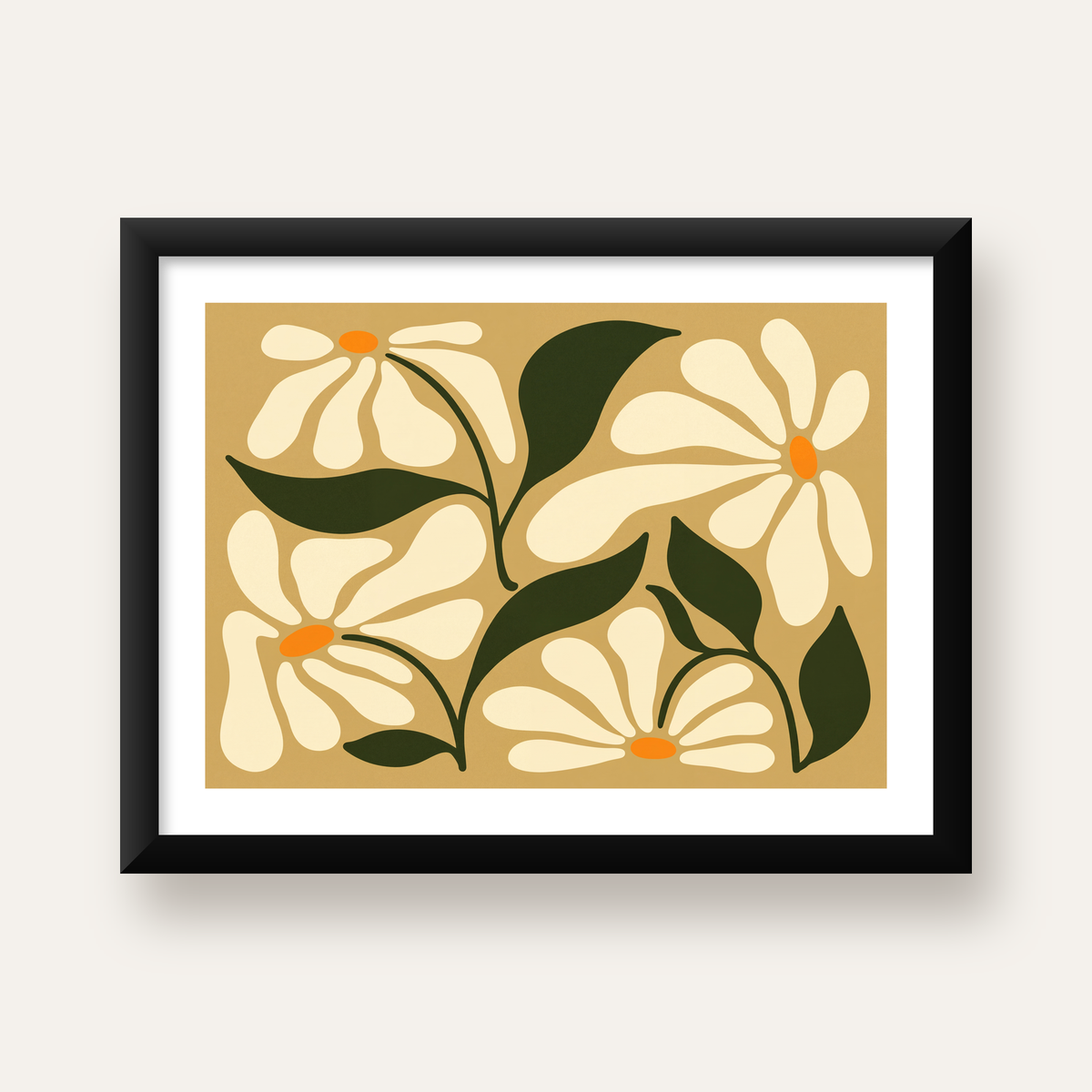 Soyut Papatya Çiçekleri Modern Poster – Minimal Çiçek Duvar Sanatı — Yatay baskı, beyaz paspartulu