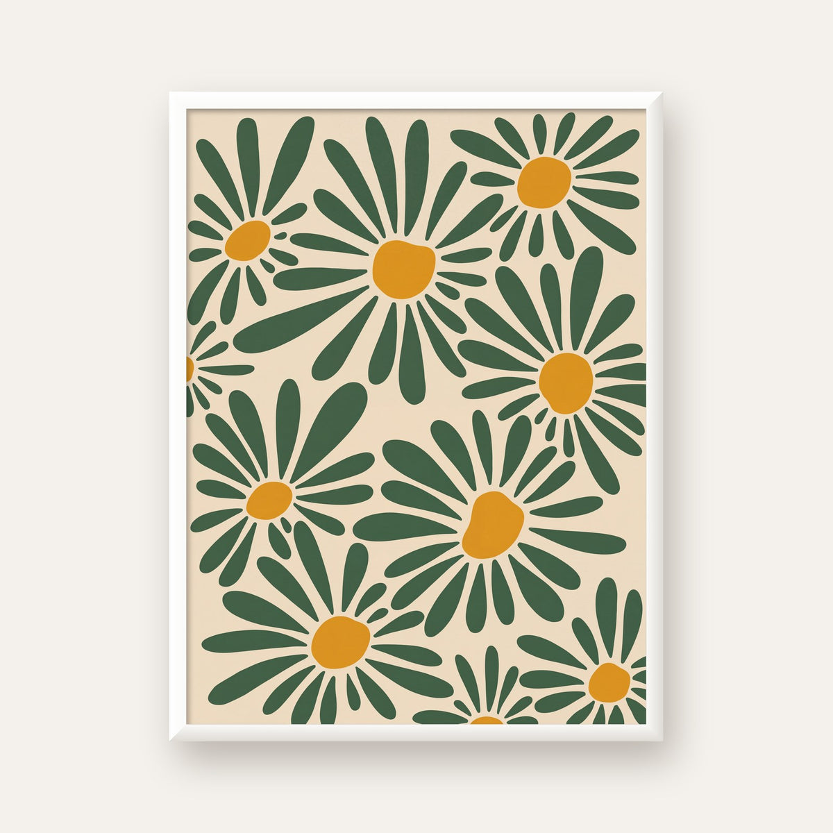 Soyut Papatya Desenli Dijital Poster – Modern Çiçek İllüstrasyonu — beyaz çerçeveli dikey poster
