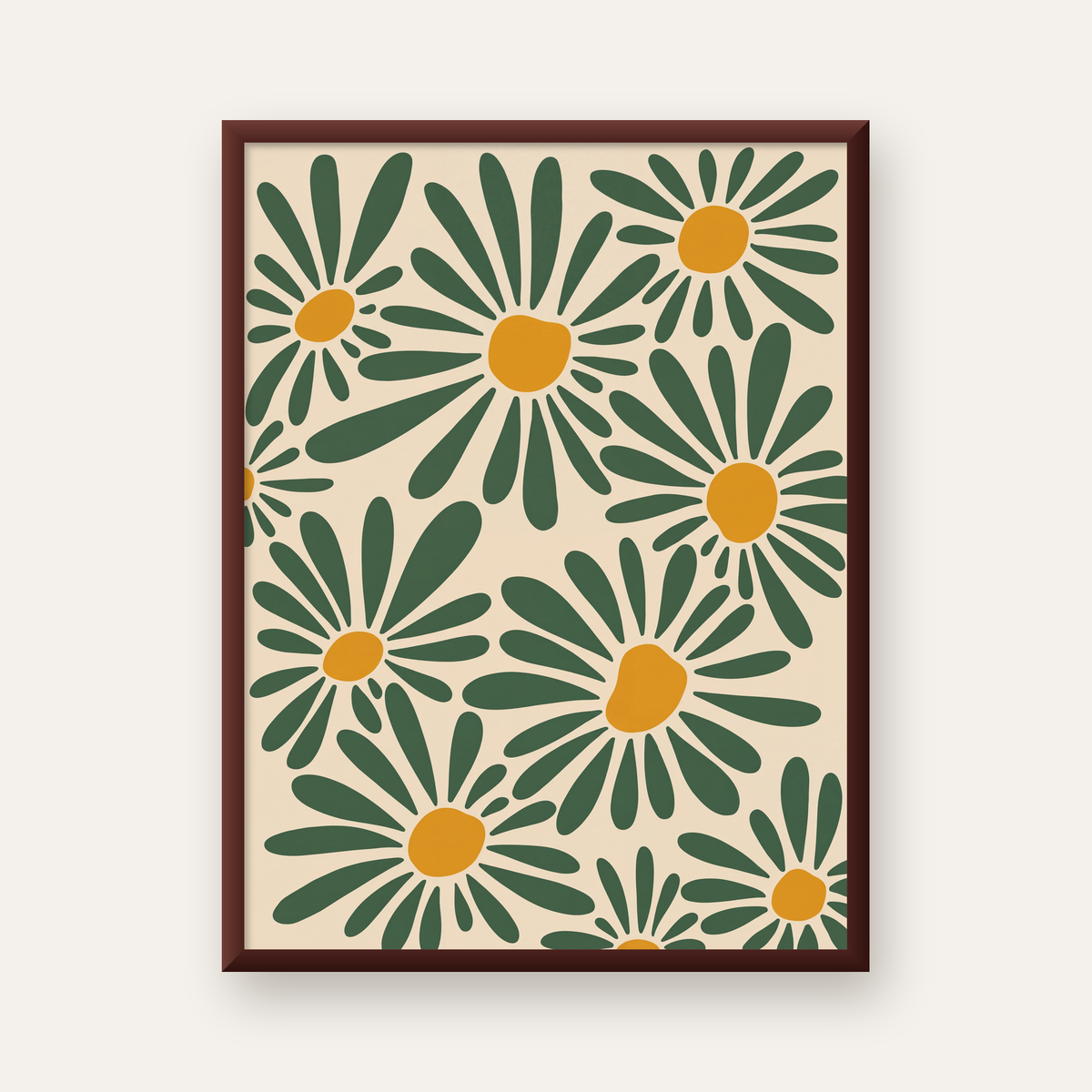 Soyut Papatya Desenli Dijital Poster – Modern Çiçek İllüstrasyonu — ceviz çerçeveli