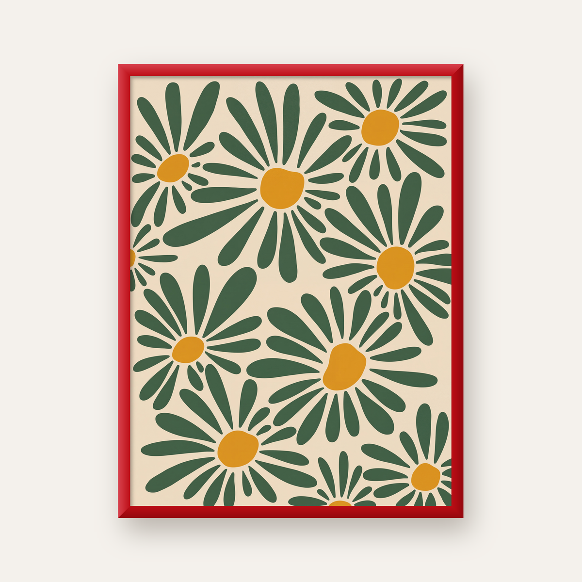 Soyut Papatya Desenli Dijital Poster – Modern Çiçek İllüstrasyonu — kırmızı çerçeveli