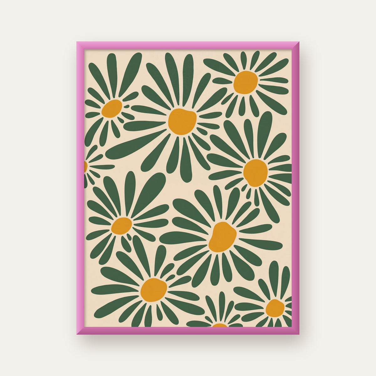 Soyut Papatya Desenli Dijital Poster – Modern Çiçek İllüstrasyonu — pembe çerçeveli