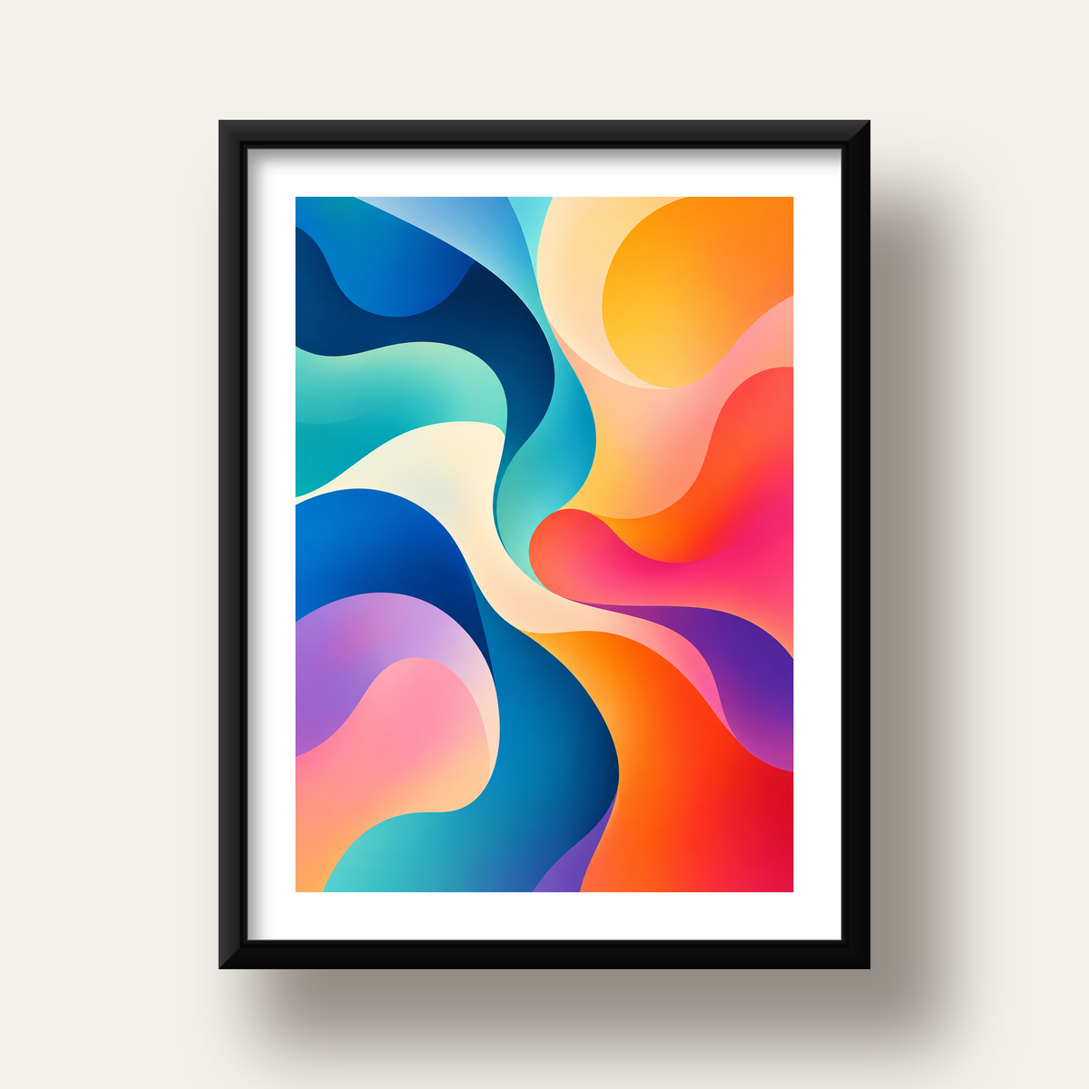 Renkli Soyut Dalgalar Dijital Poster - Modern Duvar Sanatı — siyah derin çerçeveli paspartulu