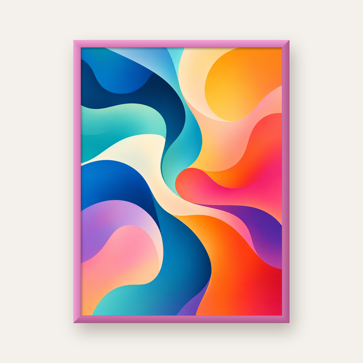 Renkli Soyut Dalgalar Dijital Poster - Modern Duvar Sanatı — pembe çerçeveli