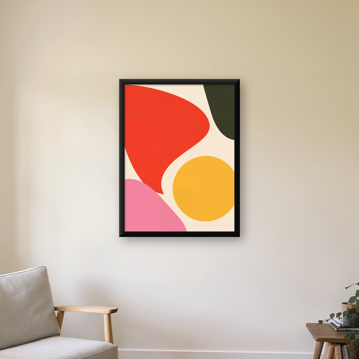 Soyut Renkli Şekiller Modern Minimal Poster — Dikey baskı, çerçeveli hâliyle bir ev duvarında