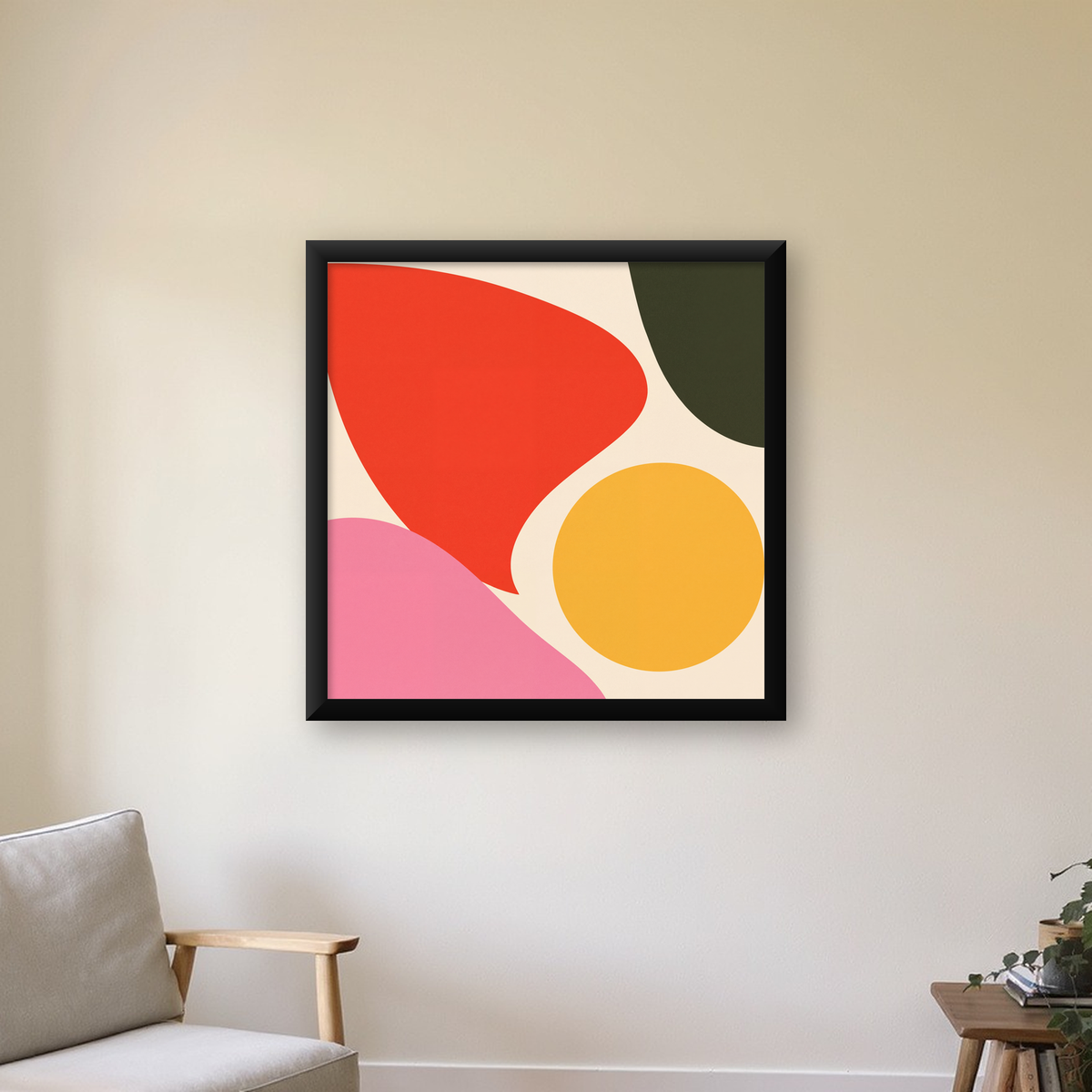 Soyut Renkli Şekiller Modern Minimal Poster — Kare baskı, çerçeveli hâliyle bir ev duvarında