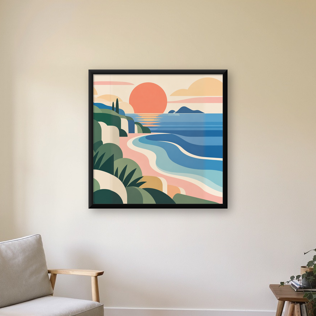 Soyut Deniz Manzarası Poster — Modern Renkli Sanat Baskısı — Kare baskı, çerçeveli hâliyle bir ev duvarında