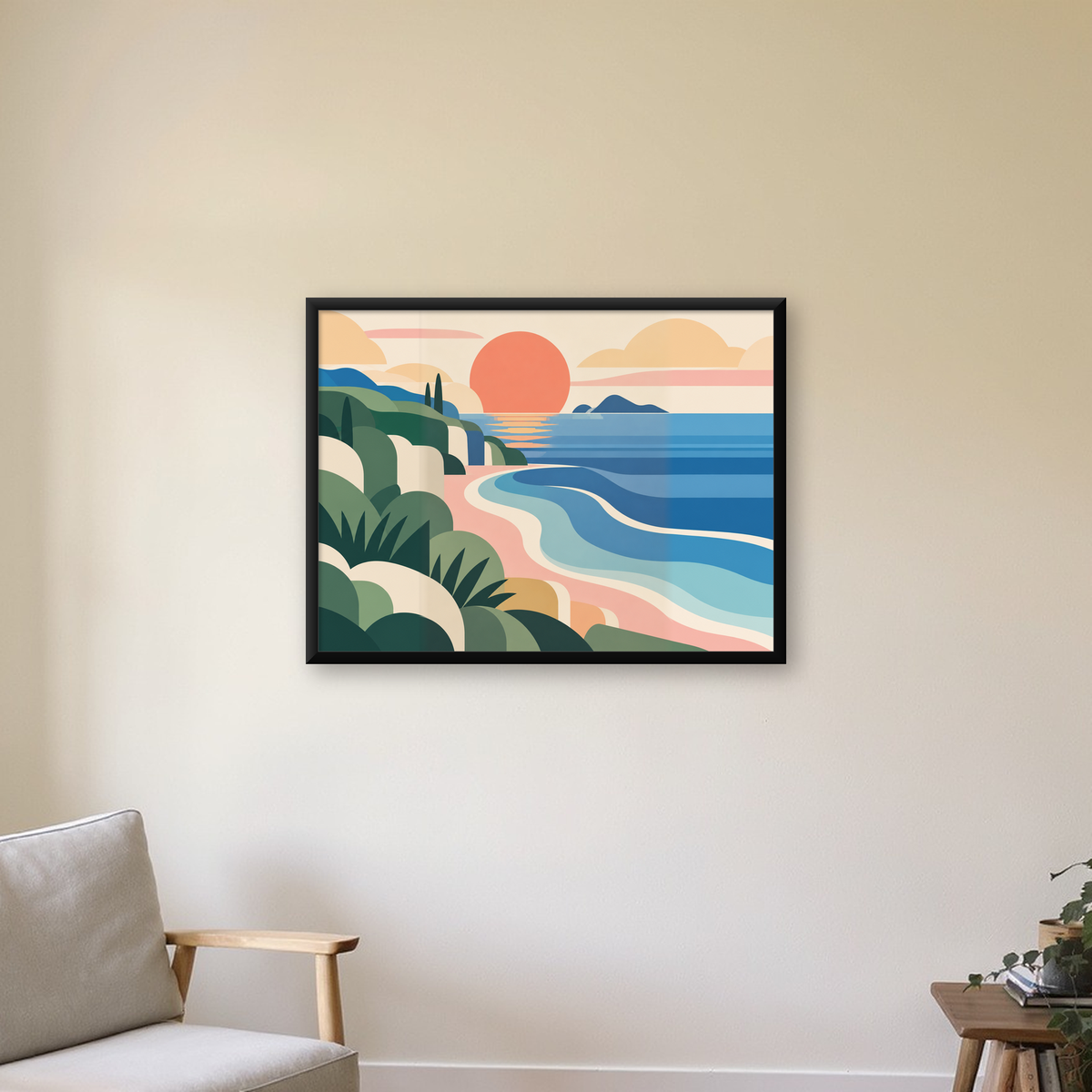Soyut Deniz Manzarası Poster — Modern Renkli Sanat Baskısı — Yatay baskı, çerçeveli hâliyle bir ev duvarında
