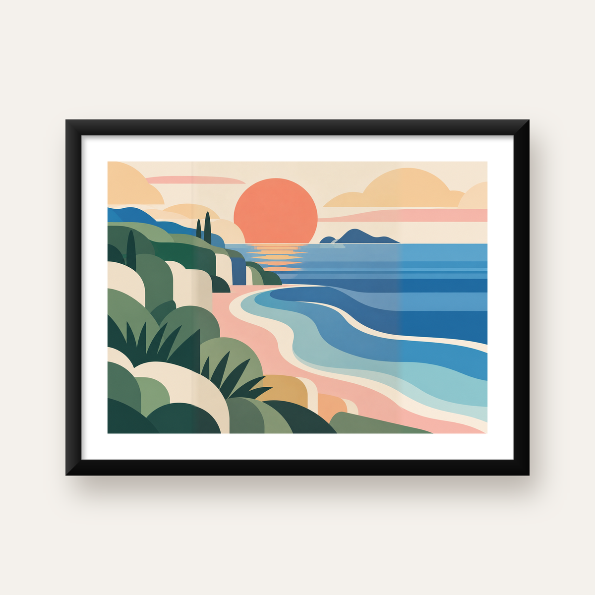Soyut Deniz Manzarası Poster — Modern Renkli Sanat Baskısı — Yatay baskı, beyaz kenar boşluklu