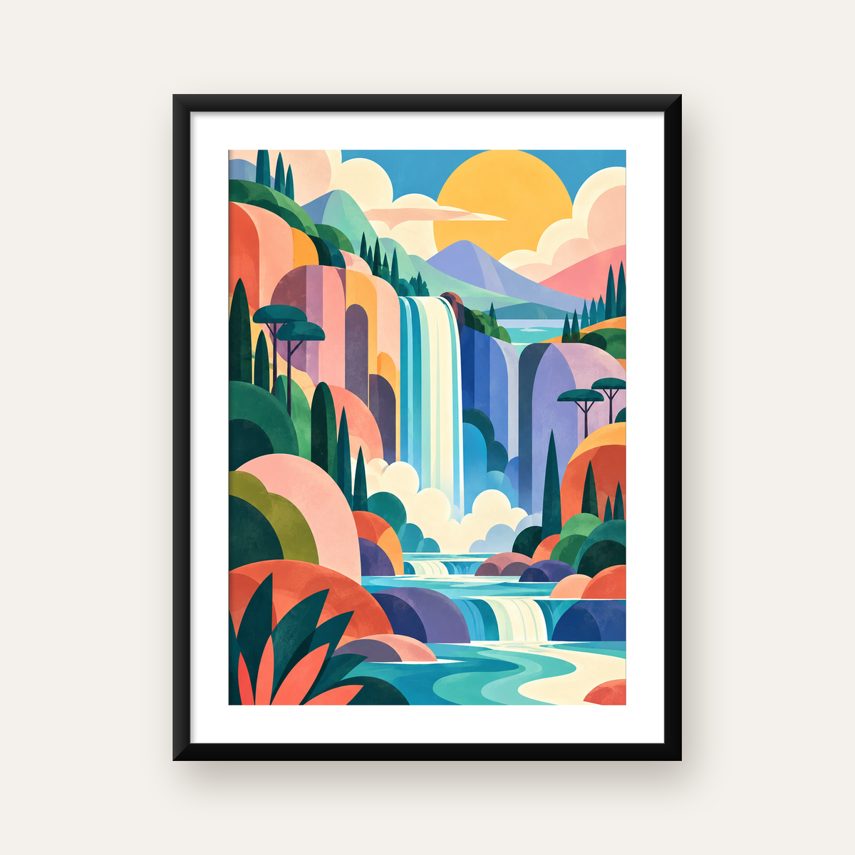 Soyut Şelale Manzarası Modern Poster – Canlı Renkli Duvar Dekoru — Dikey baskı, beyaz kenar boşluklu