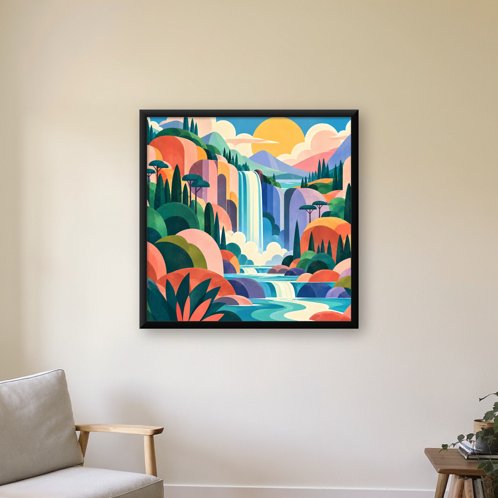 Soyut Şelale Manzarası Modern Poster – Canlı Renkli Duvar Dekoru — Kare baskı, çerçeveli hâliyle bir ev duvarında
