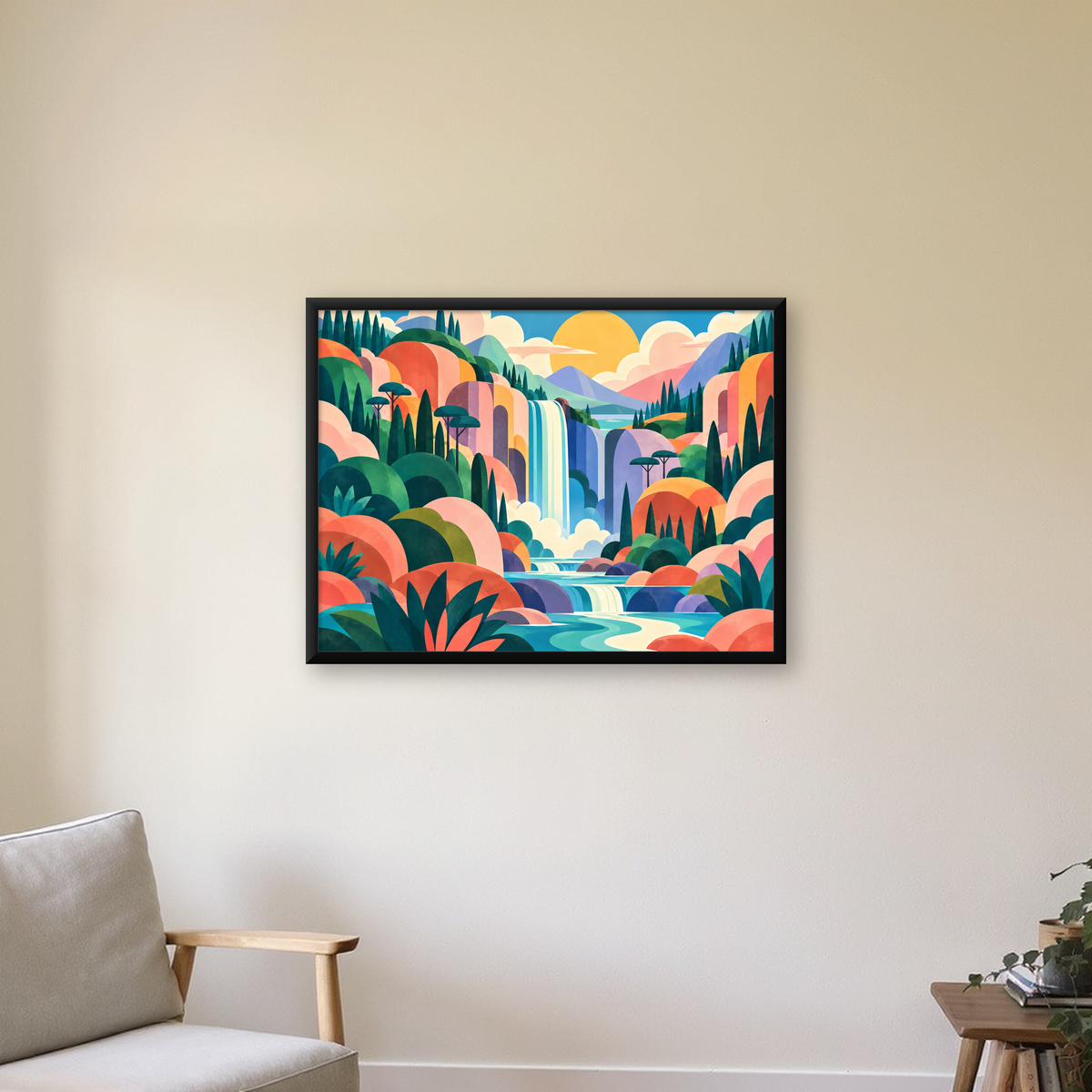 Soyut Şelale Manzarası Modern Poster – Canlı Renkli Duvar Dekoru — Yatay baskı, çerçeveli hâliyle bir ev duvarında
