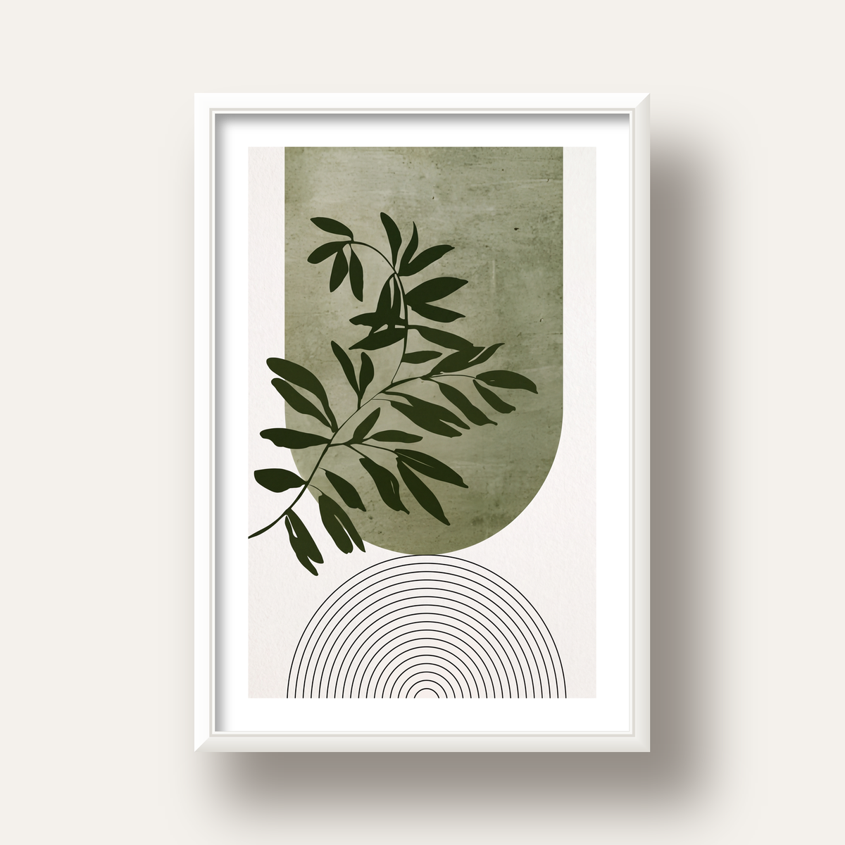 Soyut Yeşil Yaprak & Geometrik Minimalist Poster — beyaz derin çerçeveli paspartulu