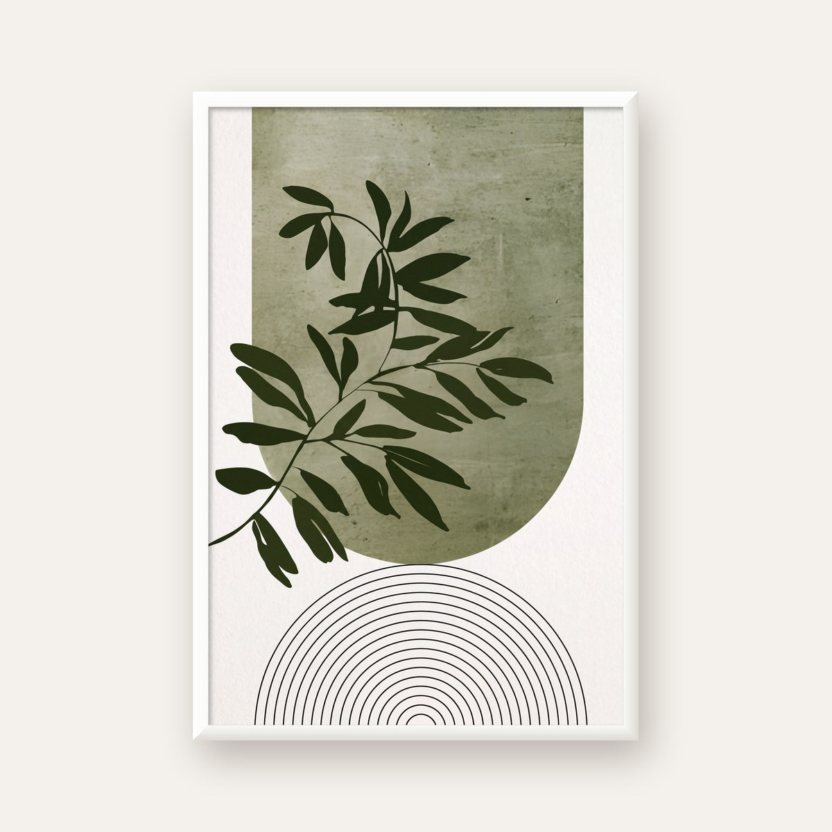 Soyut Yeşil Yaprak & Geometrik Minimalist Poster — beyaz çerçeveli dikey poster