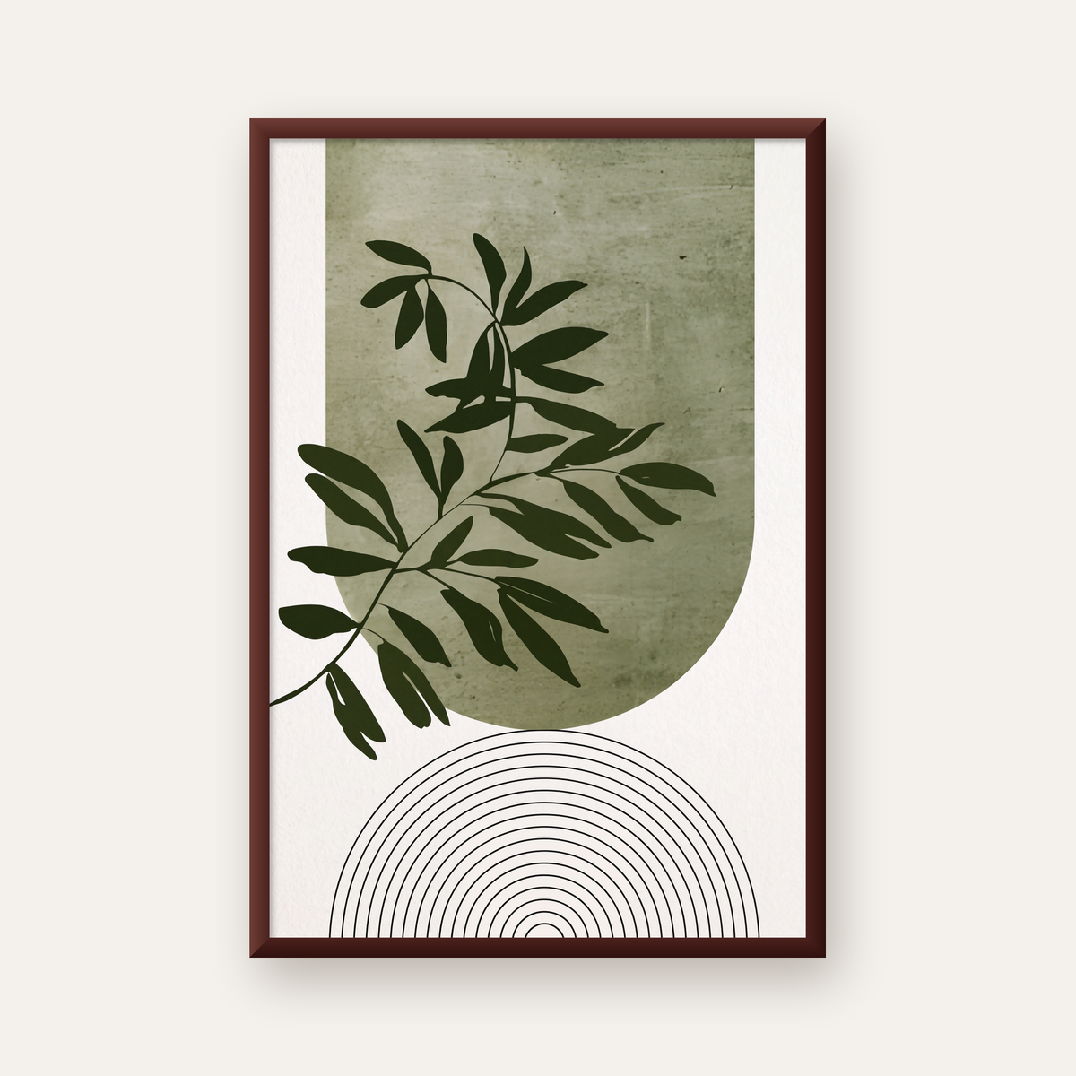 Soyut Yeşil Yaprak & Geometrik Minimalist Poster — ceviz çerçeveli