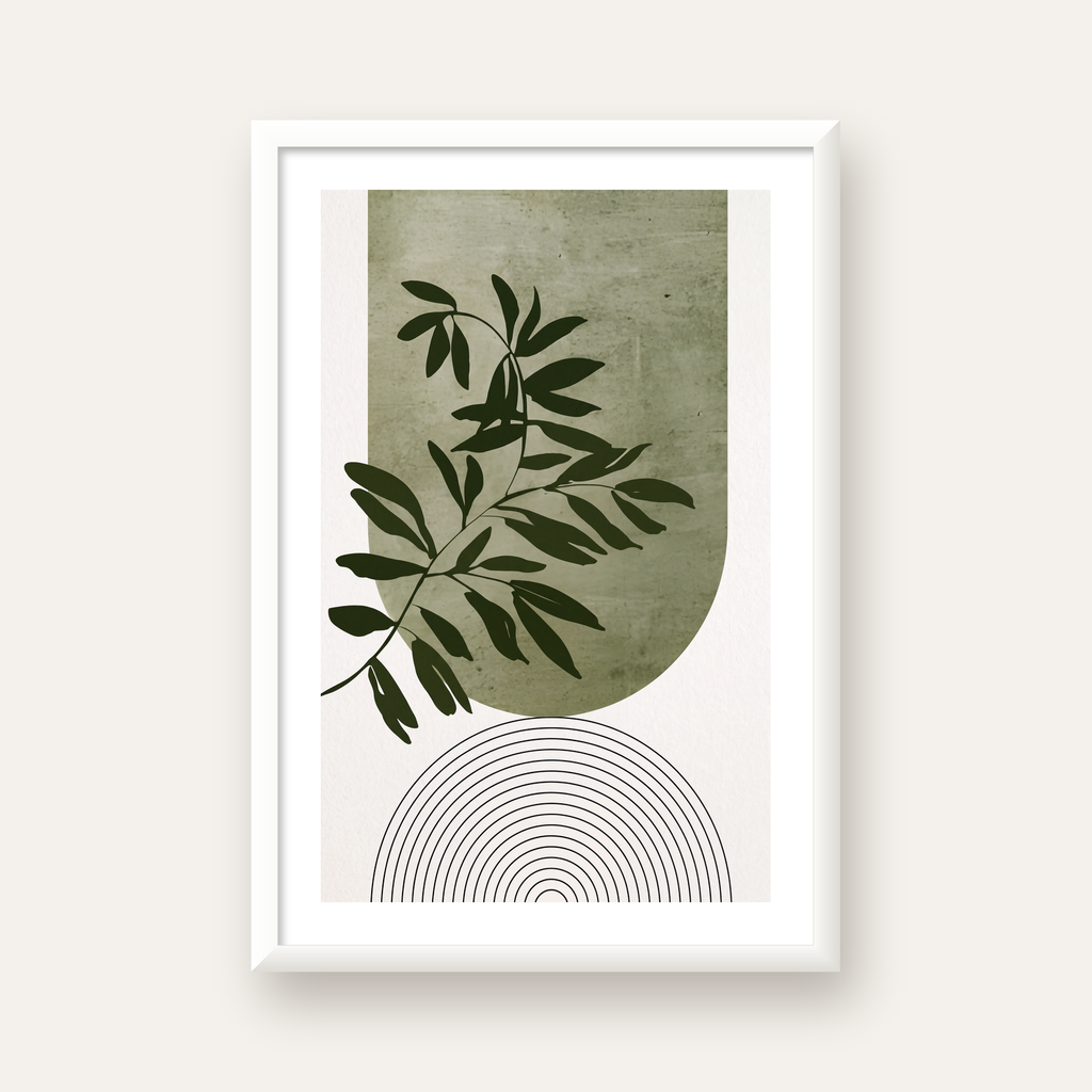 Soyut Yeşil Yaprak & Geometrik Minimalist Poster — beyaz çerçeveli dikey poster