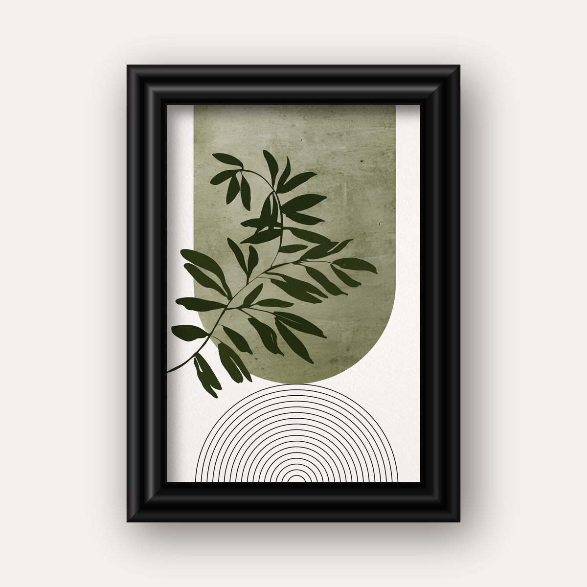 Soyut Yeşil Yaprak & Geometrik Minimalist Poster — siyah galeri çerçeveli