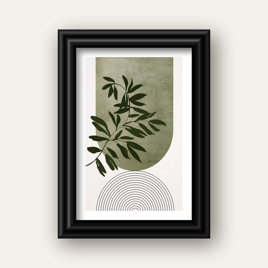 Soyut Yeşil Yaprak & Geometrik Minimalist Poster — siyah galeri çerçeveli paspartulu