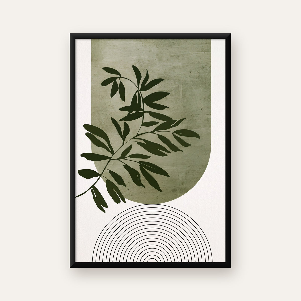 Soyut Yeşil Yaprak & Geometrik Minimalist Poster — ceviz çerçeveli
