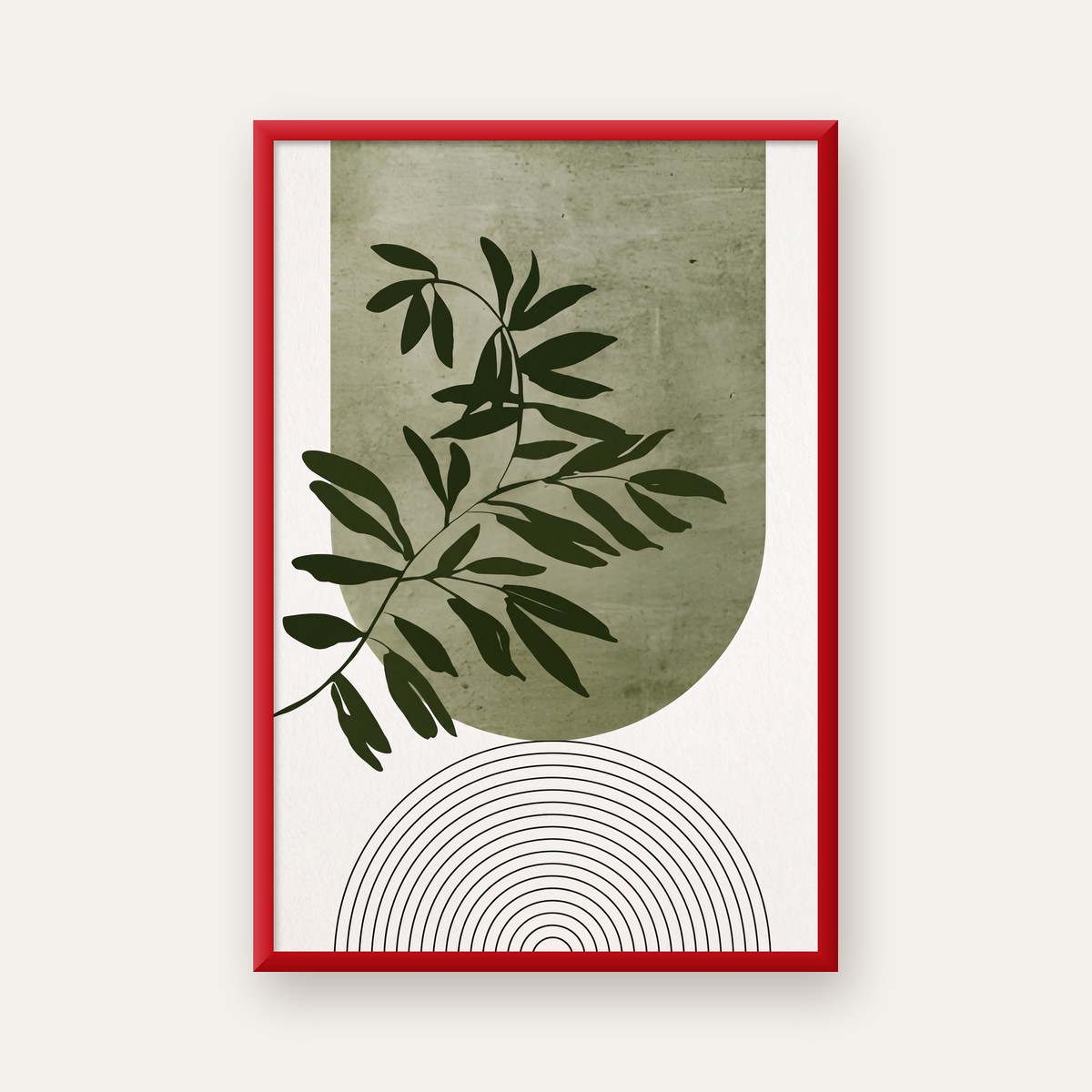 Soyut Yeşil Yaprak & Geometrik Minimalist Poster — kırmızı çerçeveli