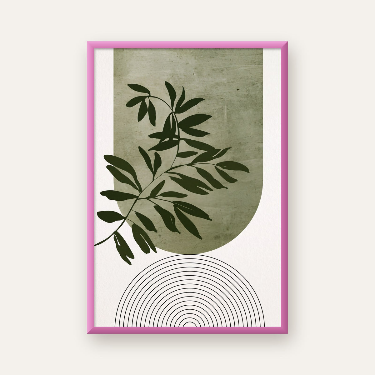 Soyut Yeşil Yaprak & Geometrik Minimalist Poster — pembe çerçeveli