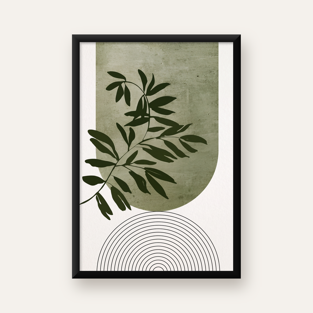 Soyut Yeşil Yaprak & Geometrik Minimalist Poster — düz siyah çerçeveli duvar posteri