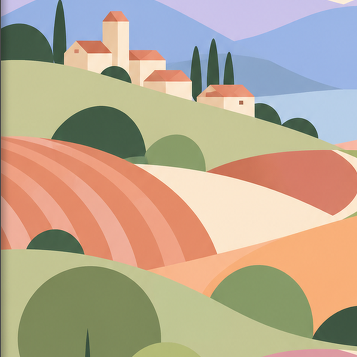 Soyut Pastoral Manzara Poster – Minimalist ve Modern Duvar Sanatı — baskının yakın çekimi, kâğıt dokusu ve renk detayı