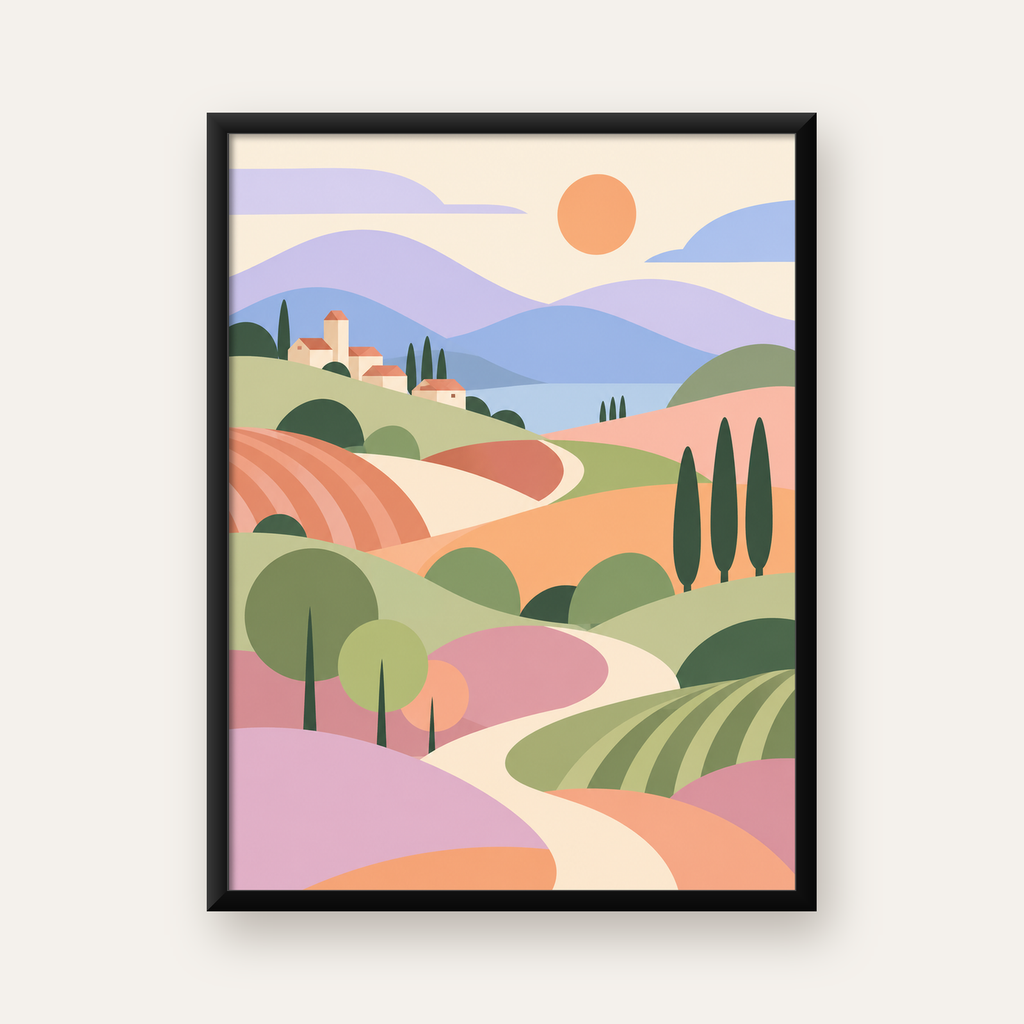 Soyut Pastoral Manzara Poster – Minimalist ve Modern Duvar Sanatı — Dikey baskı, düz siyah çerçeveli duvar posteri