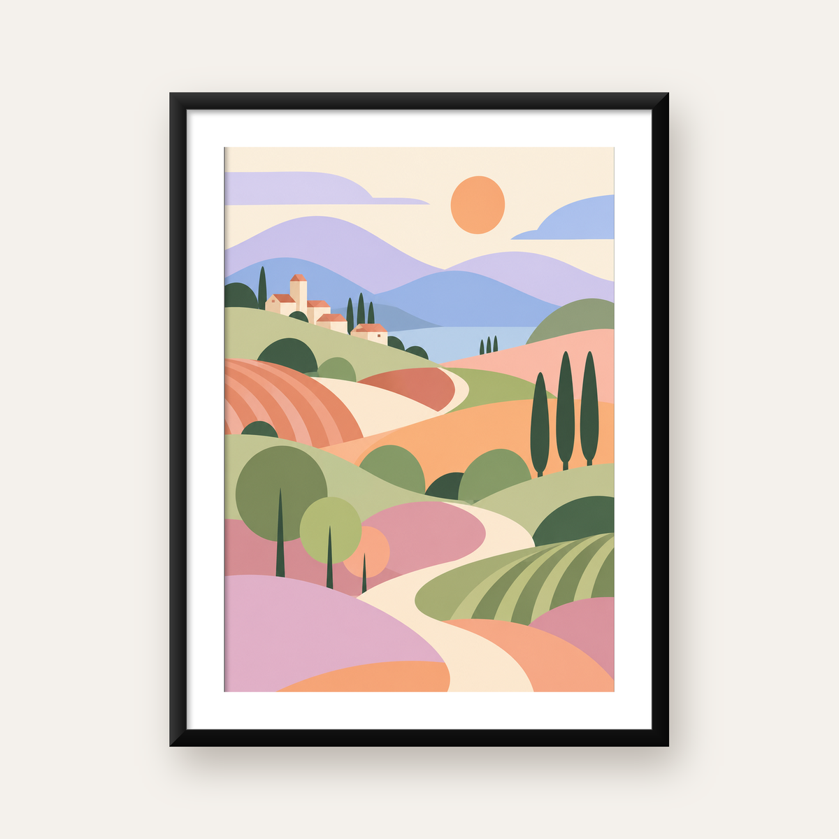 Soyut Pastoral Manzara Poster – Minimalist ve Modern Duvar Sanatı — Dikey baskı, beyaz kenar boşluklu