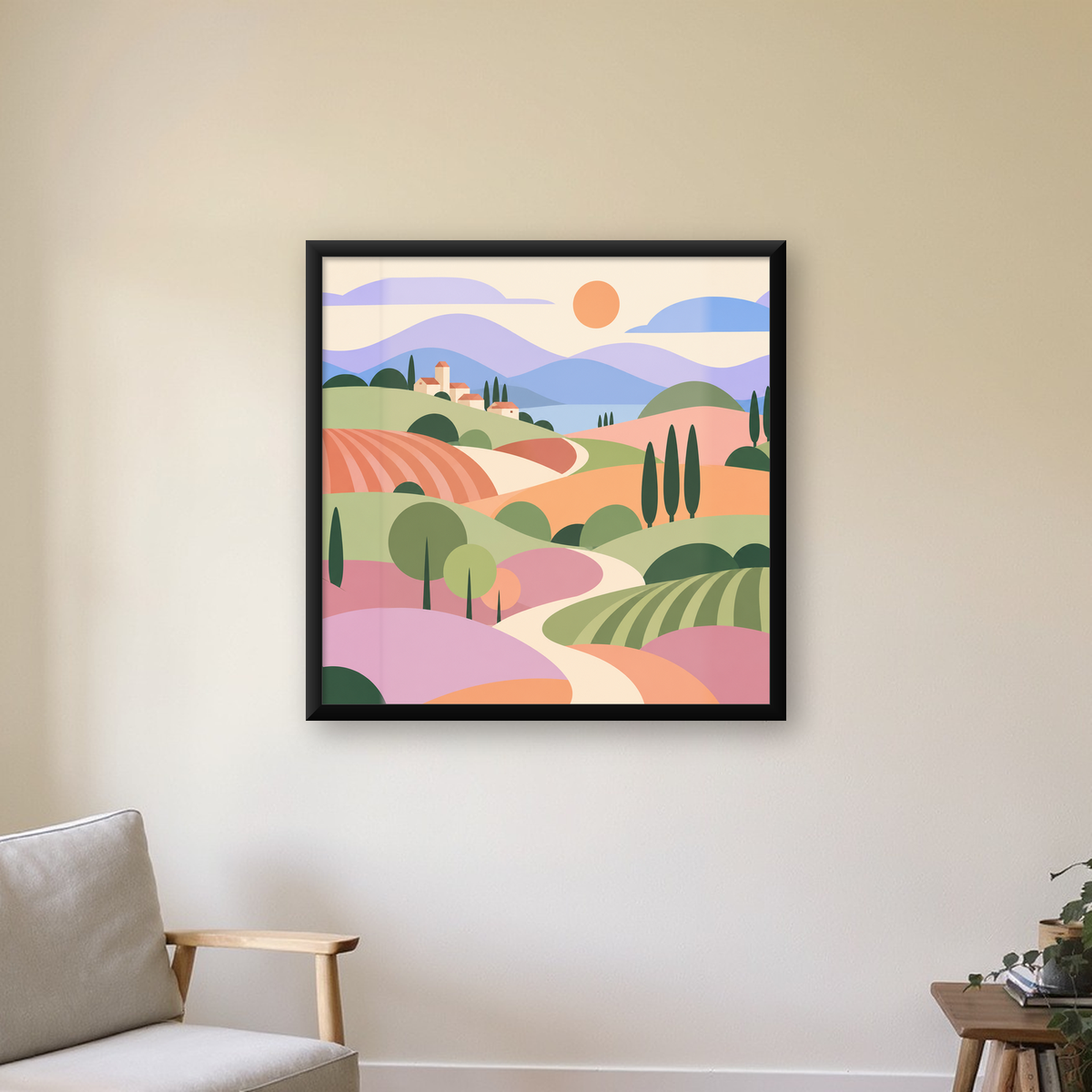 Soyut Pastoral Manzara Poster – Minimalist ve Modern Duvar Sanatı — Kare baskı, çerçeveli hâliyle bir ev duvarında