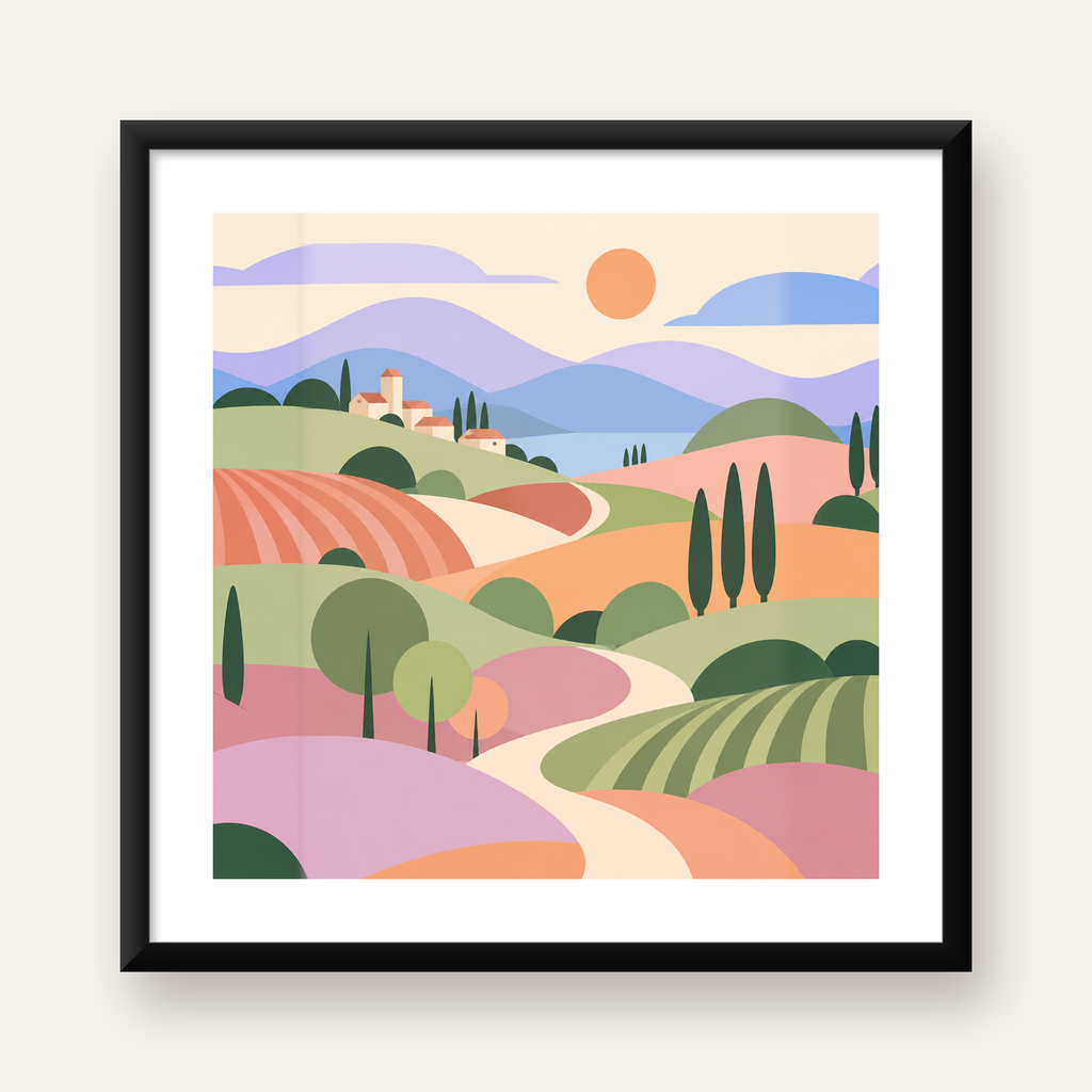 Soyut Pastoral Manzara Poster – Minimalist ve Modern Duvar Sanatı — Kare baskı, beyaz kenar boşluklu