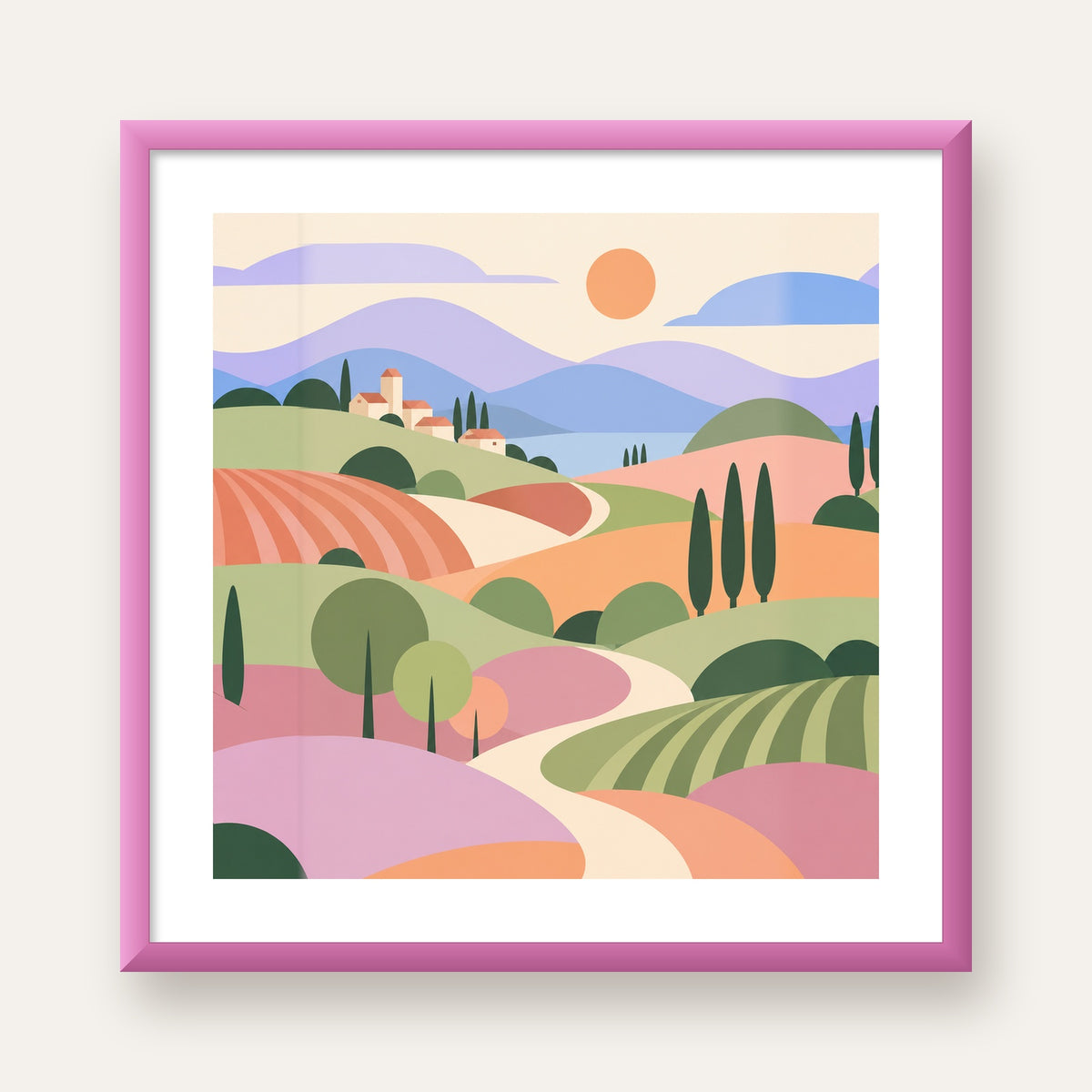 Soyut Yuvarlak Tepeler — pembe çerçeveli paspartulu