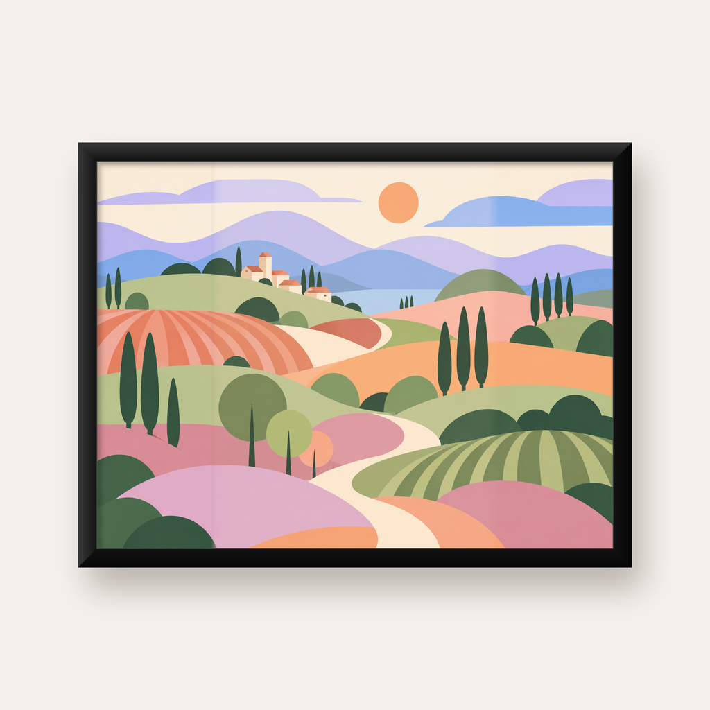 Soyut Pastoral Manzara Poster – Minimalist ve Modern Duvar Sanatı — Yatay baskı, düz siyah çerçeveli duvar posteri