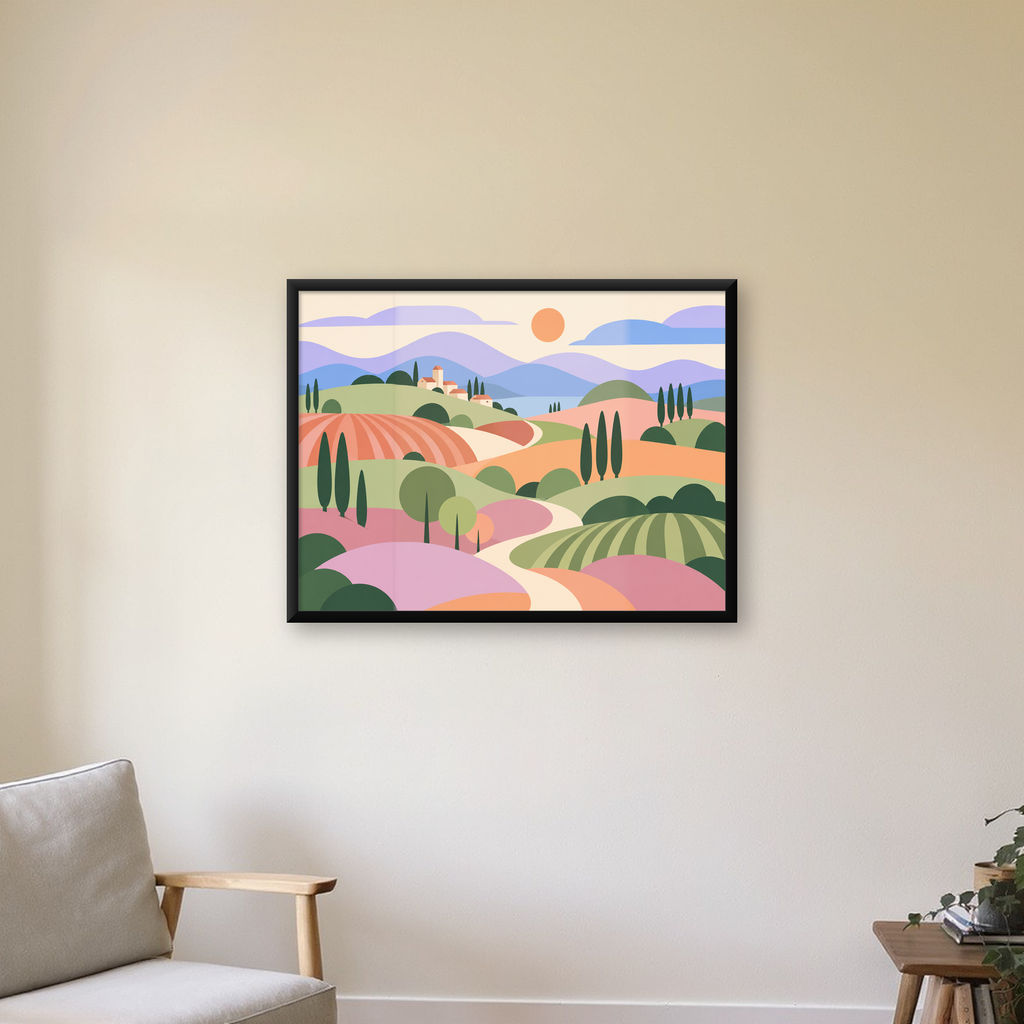 Soyut Pastoral Manzara Poster – Minimalist ve Modern Duvar Sanatı — Yatay baskı, çerçeveli hâliyle bir ev duvarında