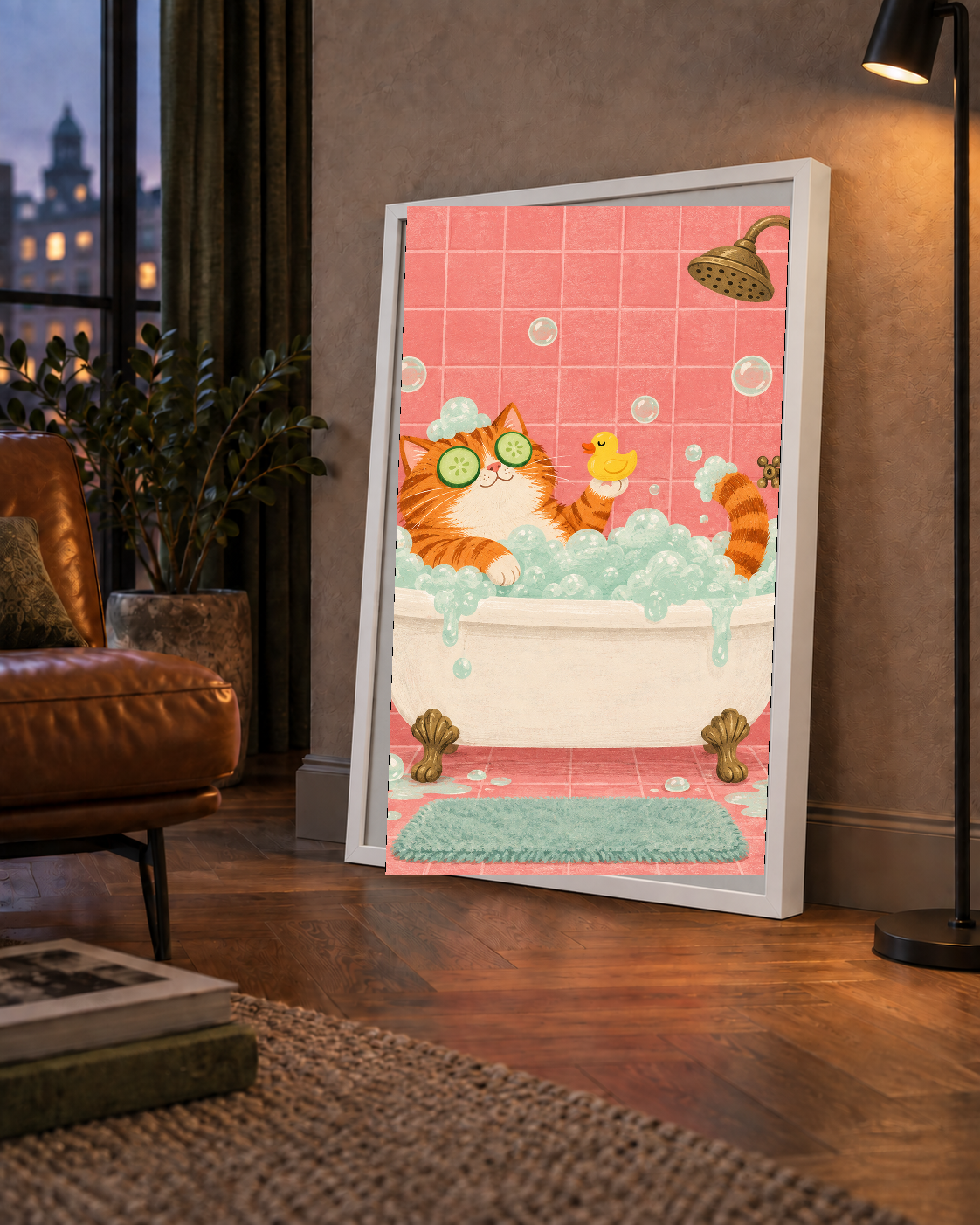 Küvette Rahatlayan Kedi Poster – Pastel ve Eğlenceli Duvar Sanatı