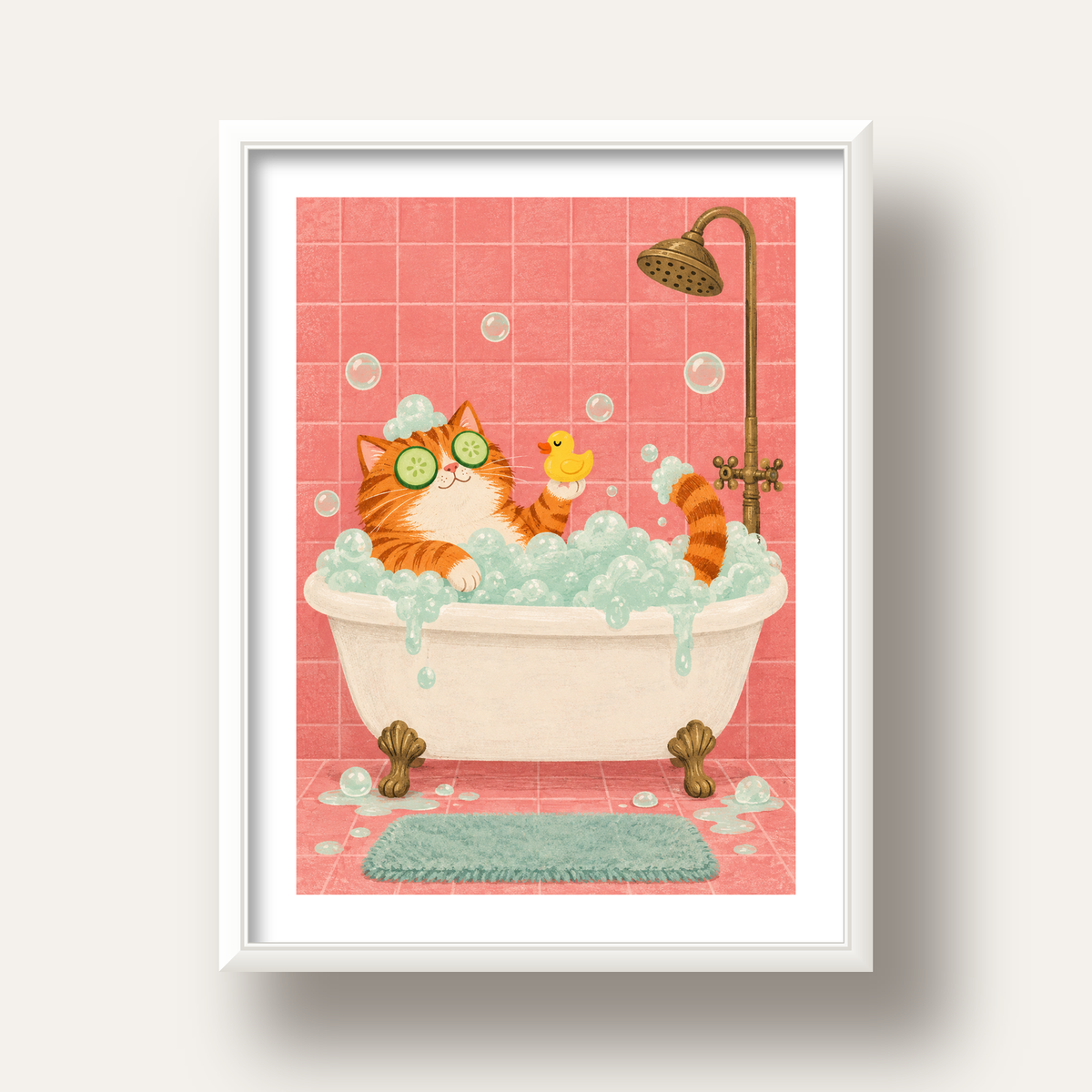 Küvette Rahatlayan Kedi Poster – Pastel ve Eğlenceli Duvar Sanatı — beyaz derin çerçeveli paspartulu