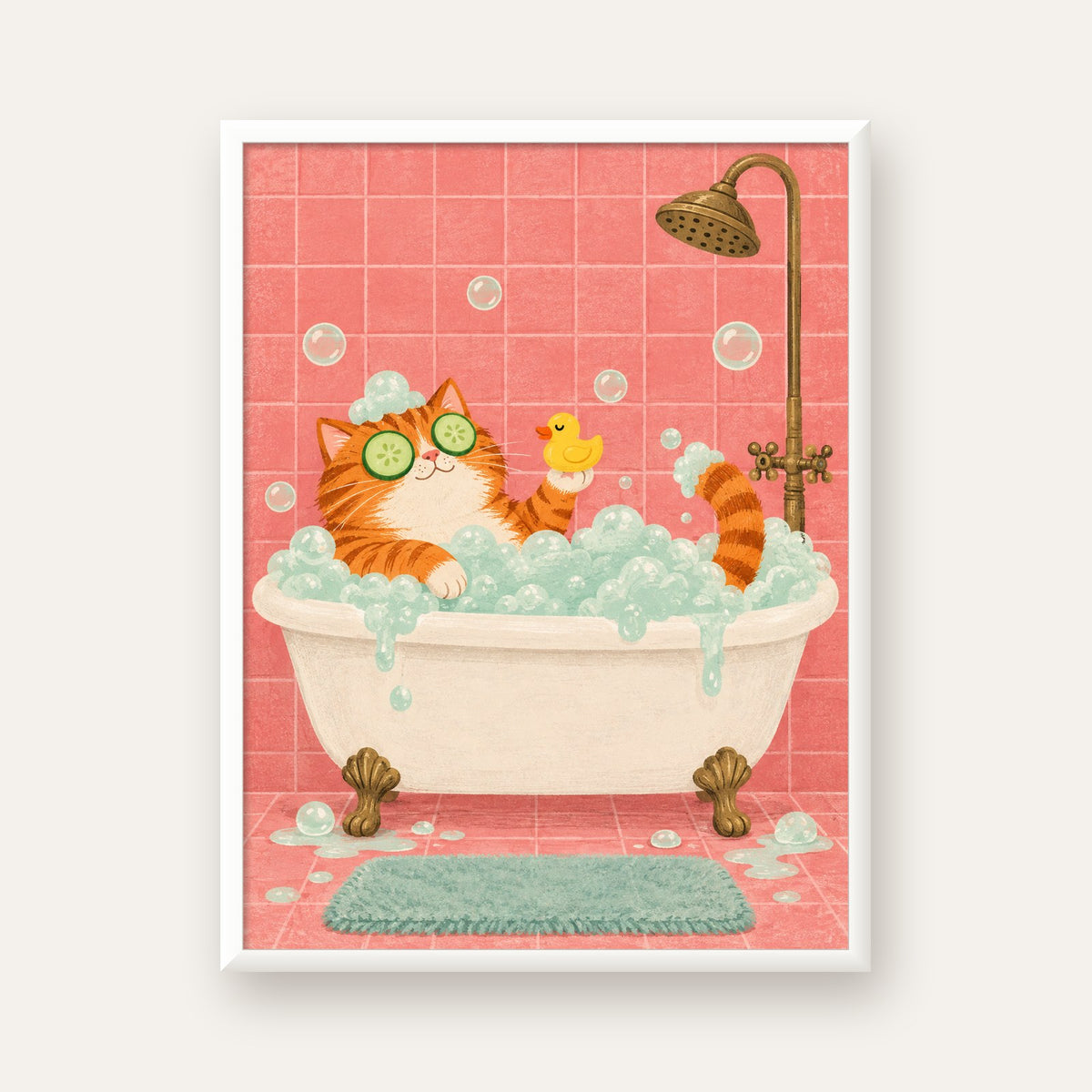 Küvette Rahatlayan Kedi Poster – Pastel ve Eğlenceli Duvar Sanatı — beyaz çerçeveli dikey poster