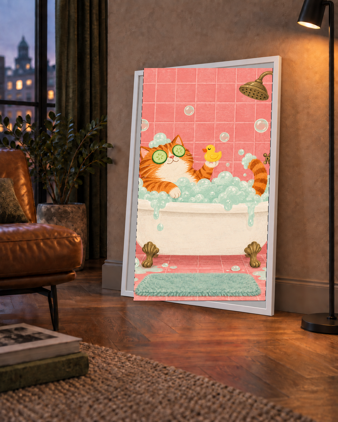Küvette Rahatlayan Kedi Poster – Pastel ve Eğlenceli Duvar Sanatı