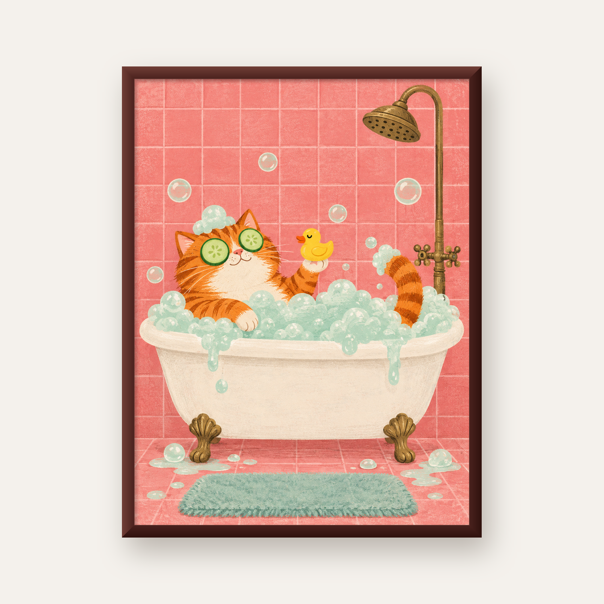 Küvette Rahatlayan Kedi Poster – Pastel ve Eğlenceli Duvar Sanatı — ceviz çerçeveli