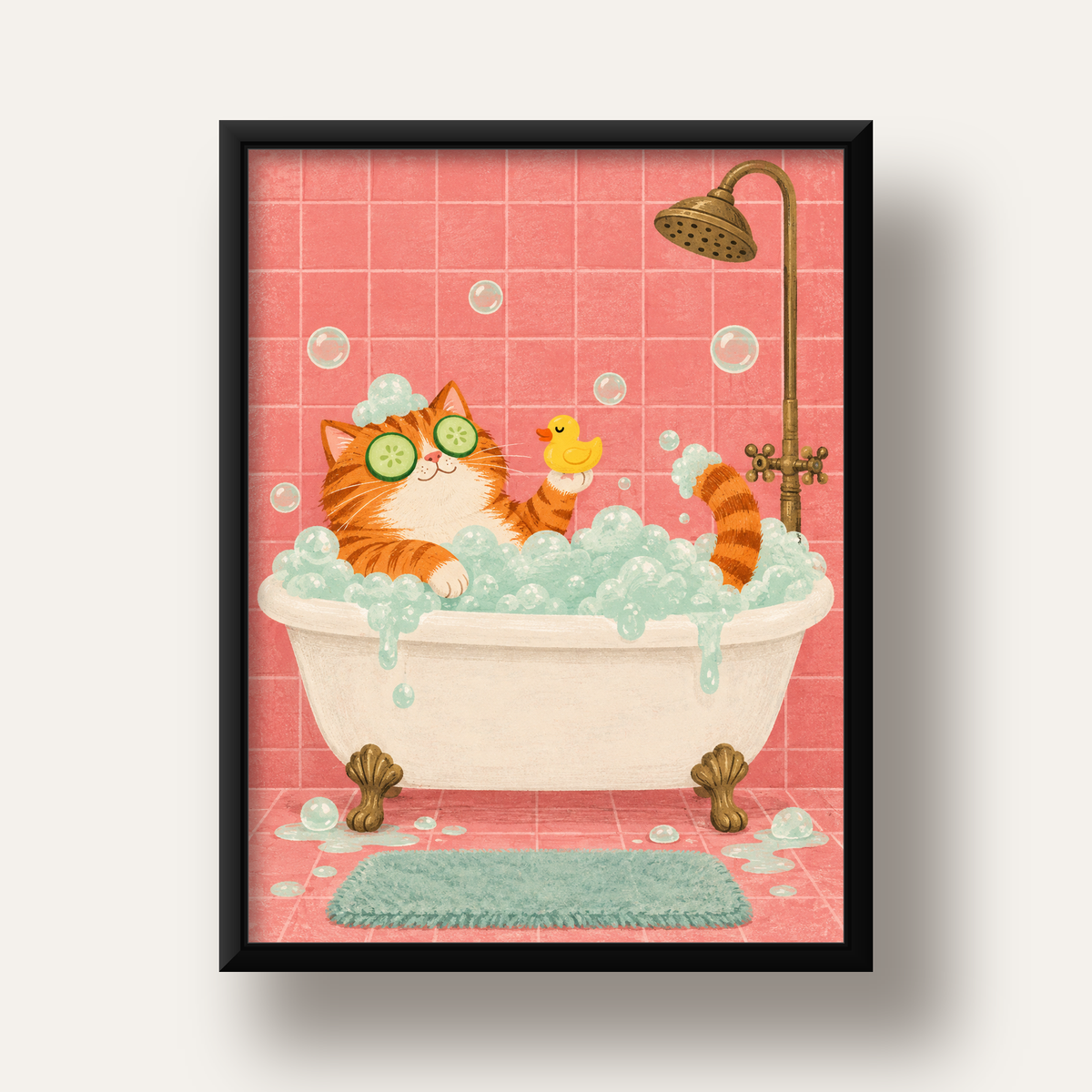 Küvette Rahatlayan Kedi Poster – Pastel ve Eğlenceli Duvar Sanatı — siyah derin çerçeveli