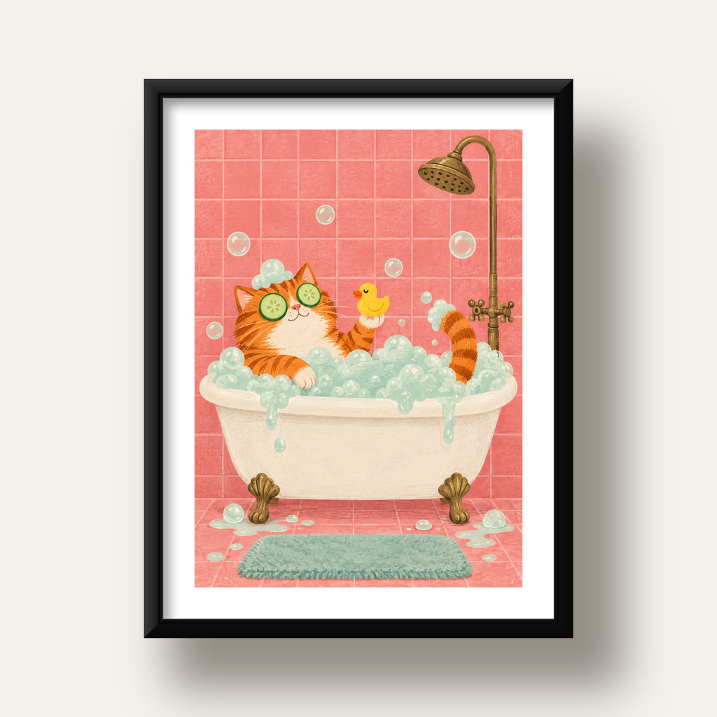Küvette Rahatlayan Kedi Poster – Pastel ve Eğlenceli Duvar Sanatı — siyah derin çerçeveli paspartulu