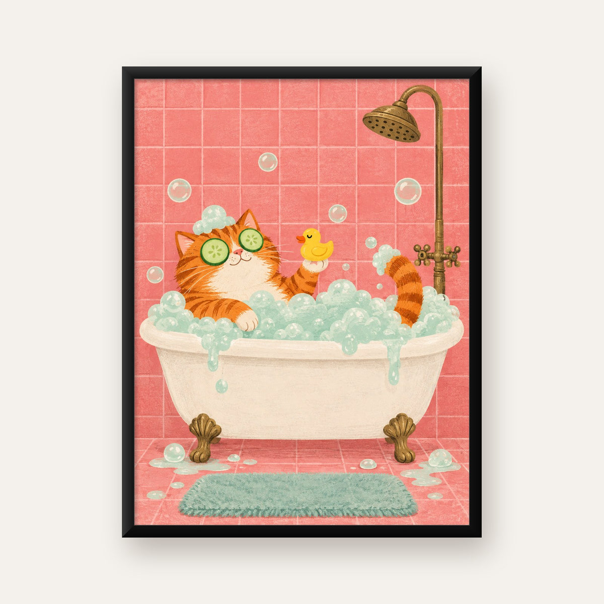 Küvette Rahatlayan Kedi Poster – Pastel ve Eğlenceli Duvar Sanatı — Dikey baskı, düz siyah çerçeveli duvar posteri
