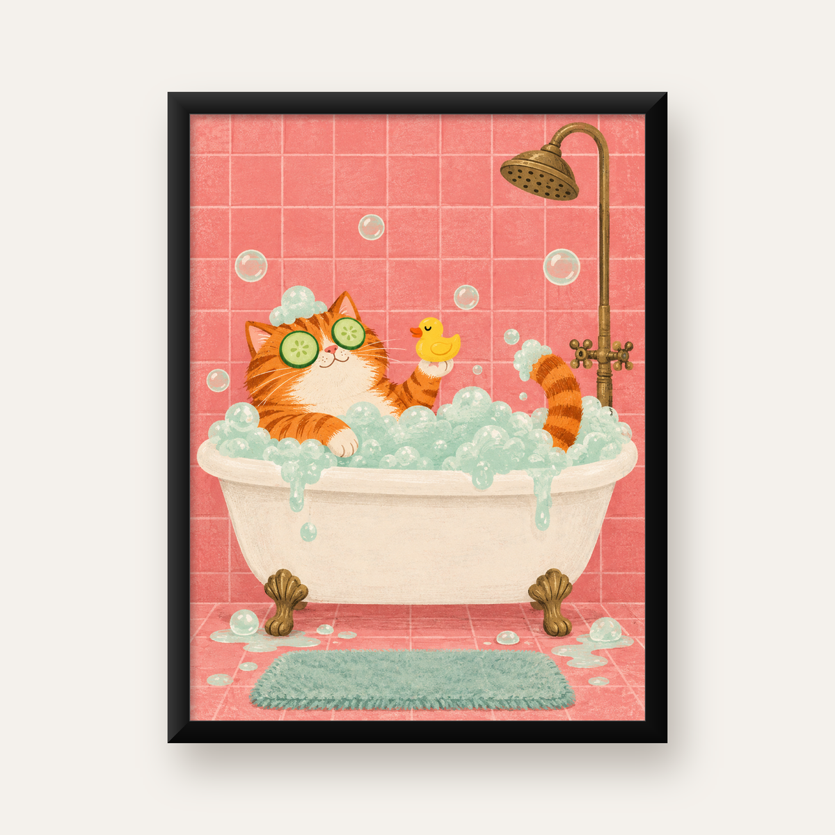 Küvette Rahatlayan Kedi Poster – Pastel ve Eğlenceli Duvar Sanatı — Dikey baskı, düz siyah çerçeveli duvar posteri